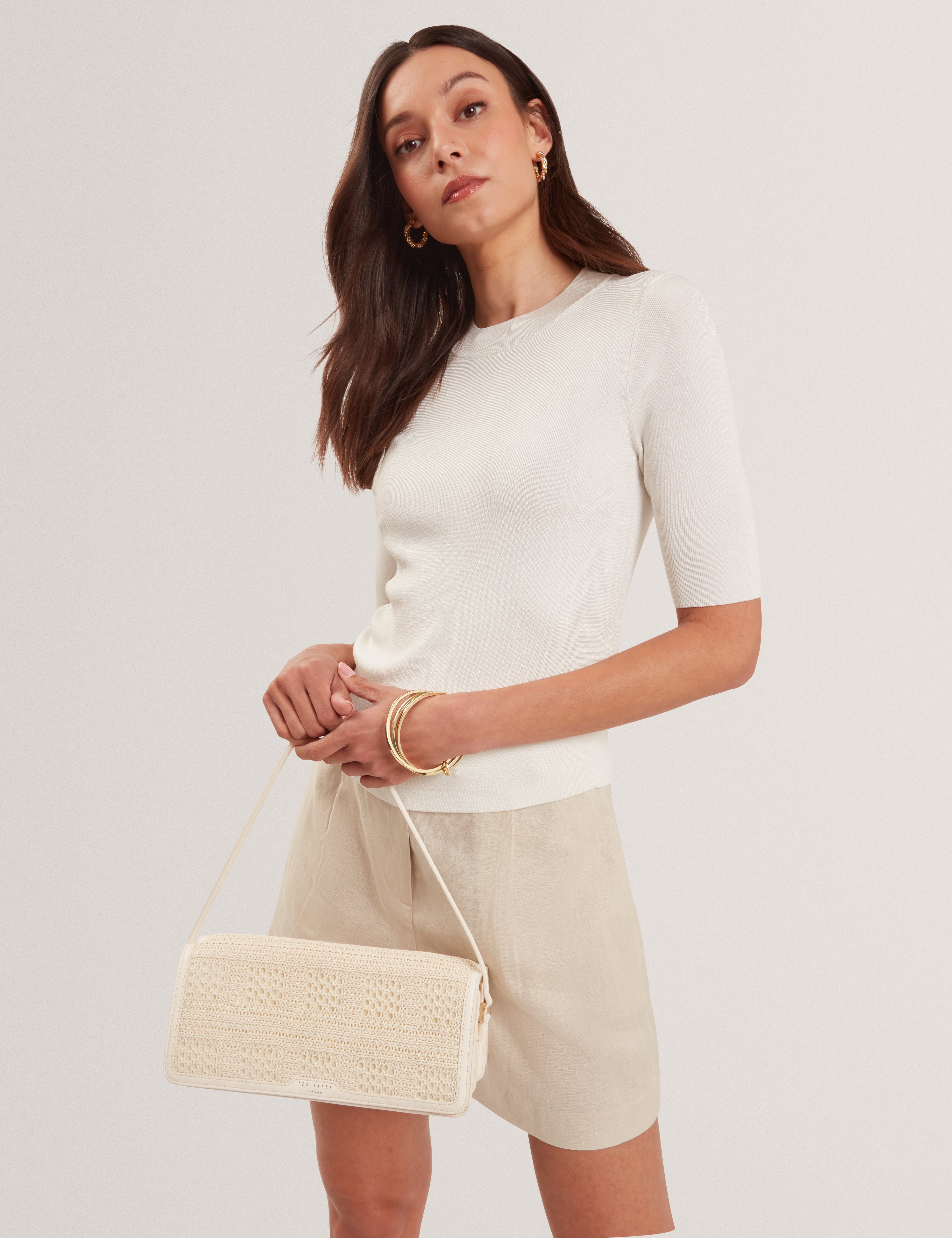 Ted Baker MOV Pettria Raffia Straw Elongated Shoulder Bag Ivory