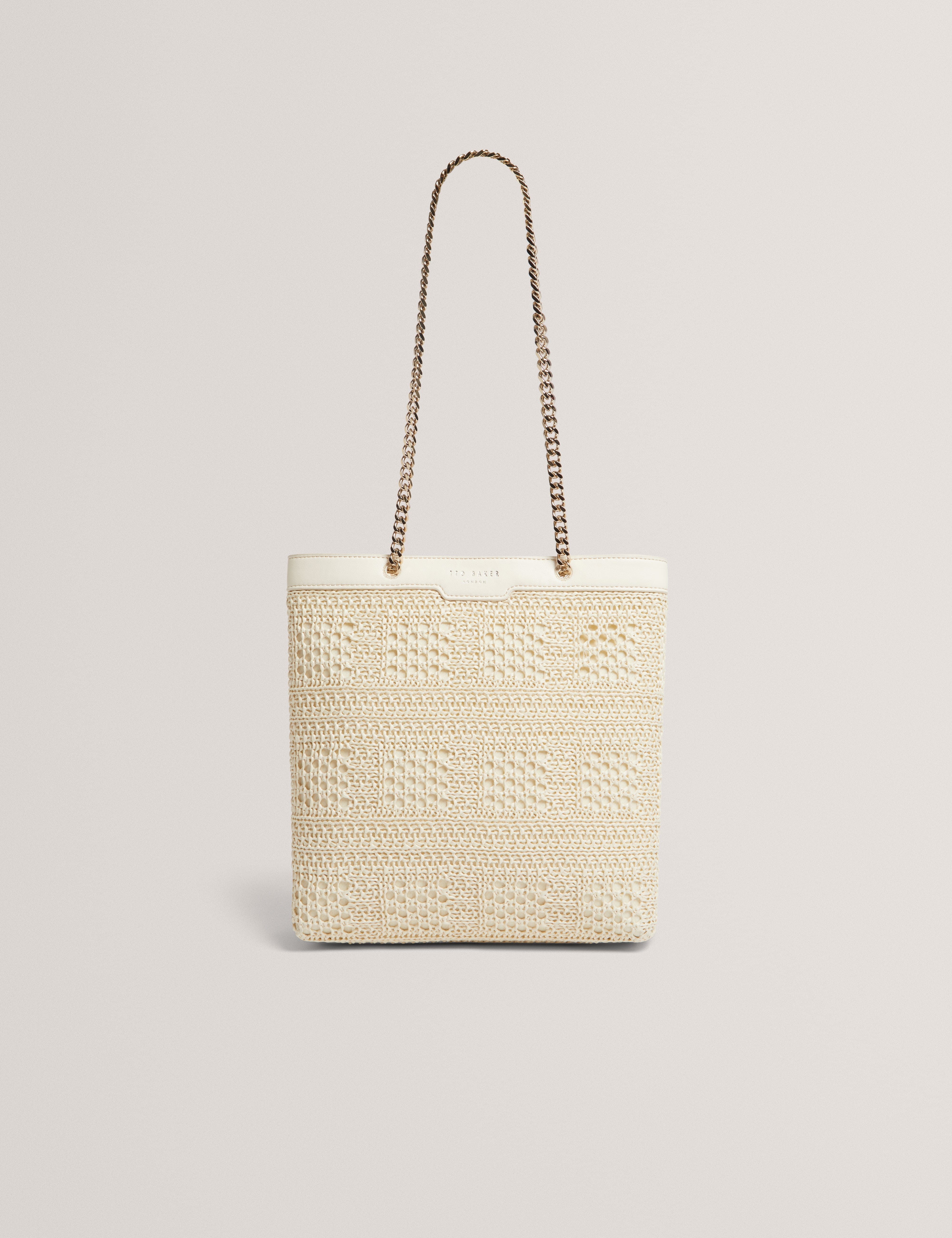 Ted Baker MOV Pamlen Raffia Straw Chain Strap Square Tote Bag Ivory