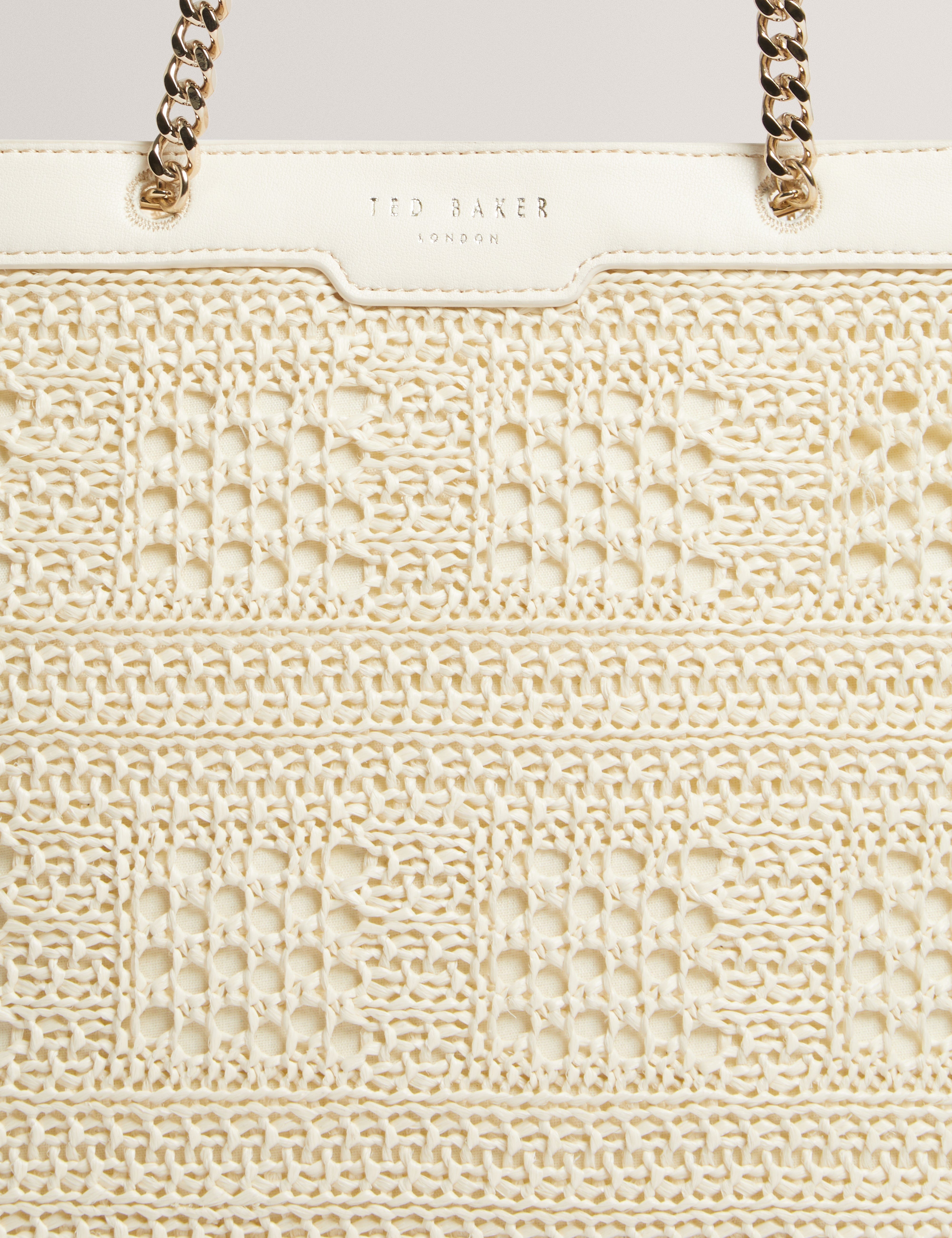 Ted Baker MOV Pamlen Raffia Straw Chain Strap Square Tote Bag Ivory