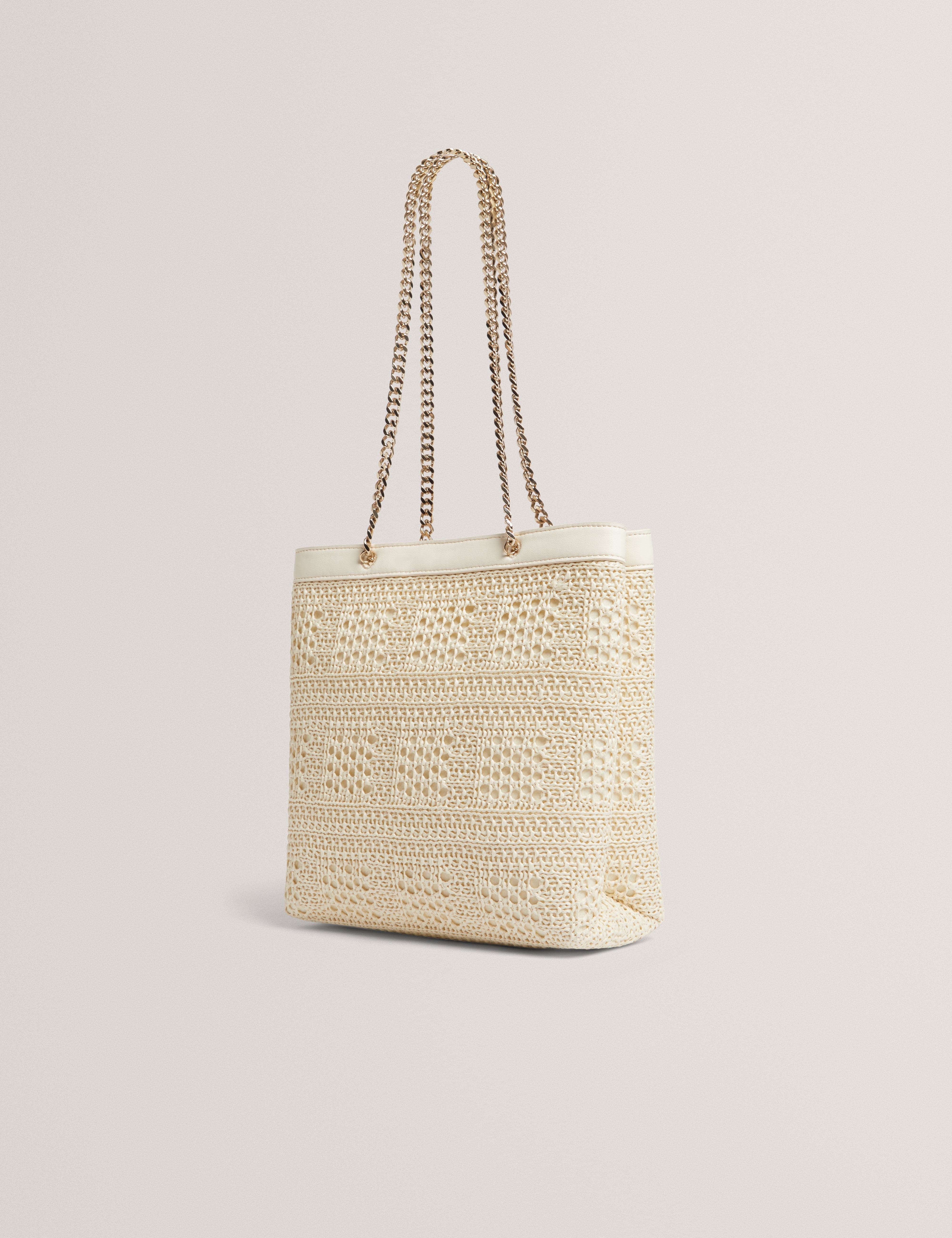 Ted Baker MOV Pamlen Raffia Straw Chain Strap Square Tote Bag Ivory