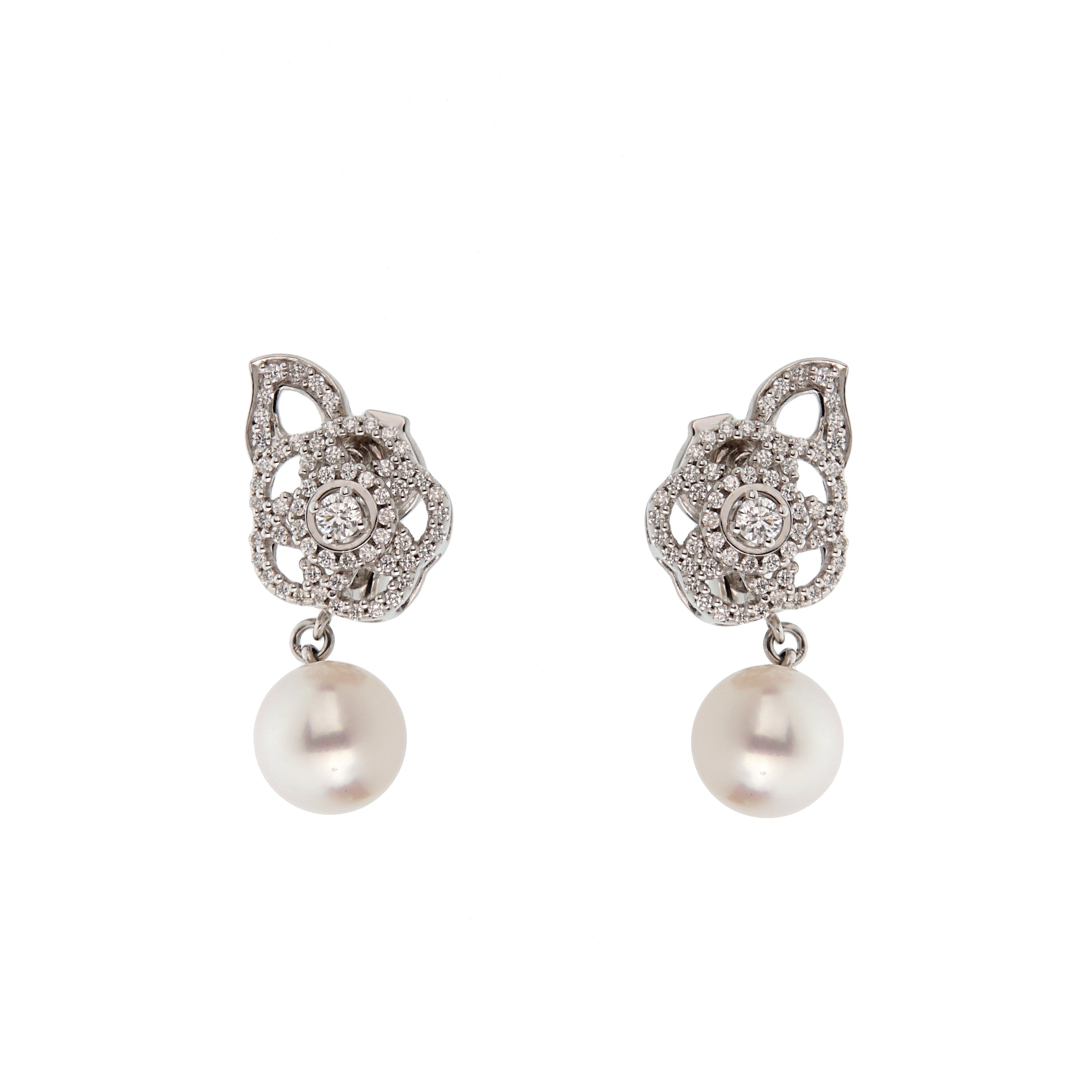 Chanel Fil de Camelia Diamond Pearl Drop Earrings 18K White Gold
