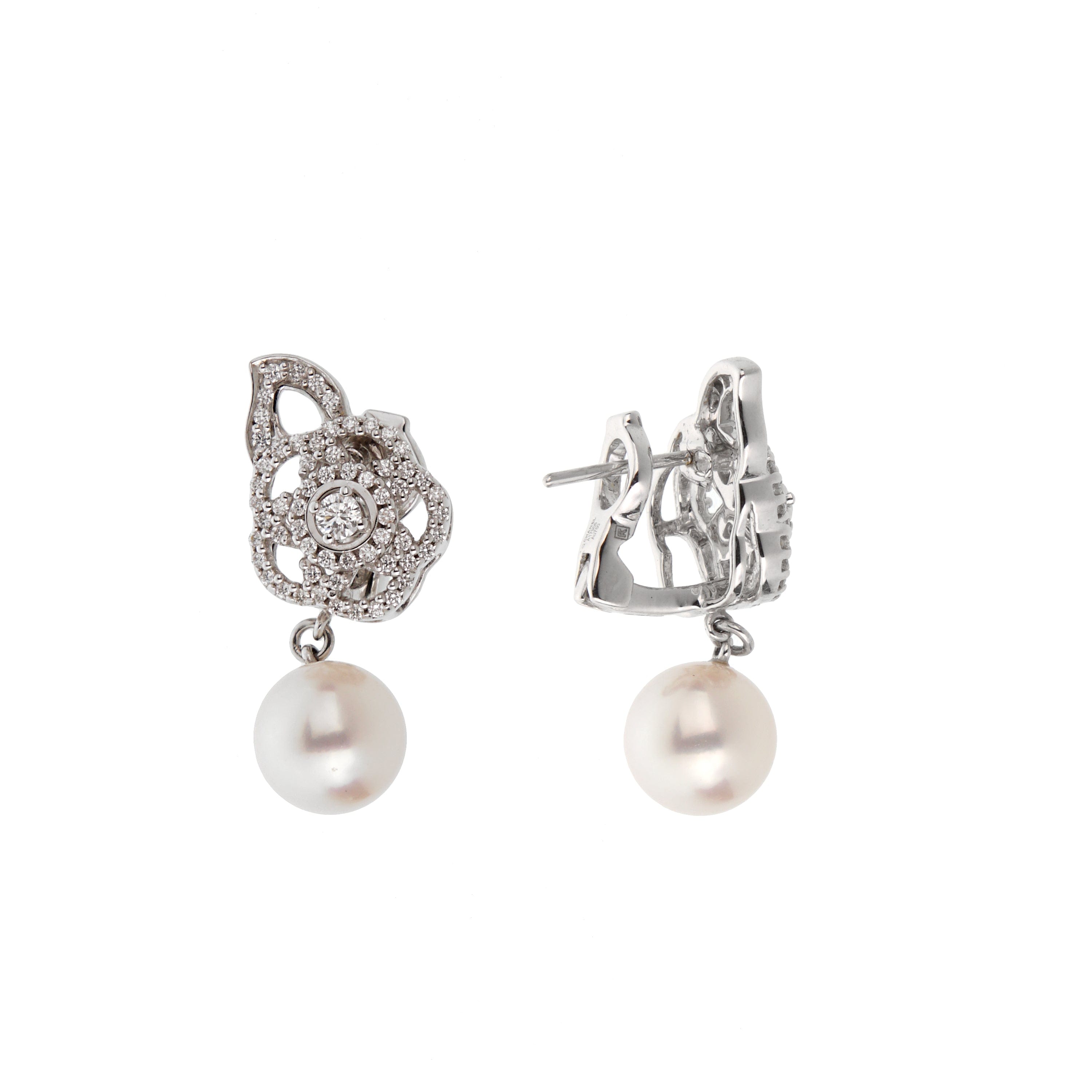 Chanel Fil de Camelia Diamond Pearl Drop Earrings 18K White Gold