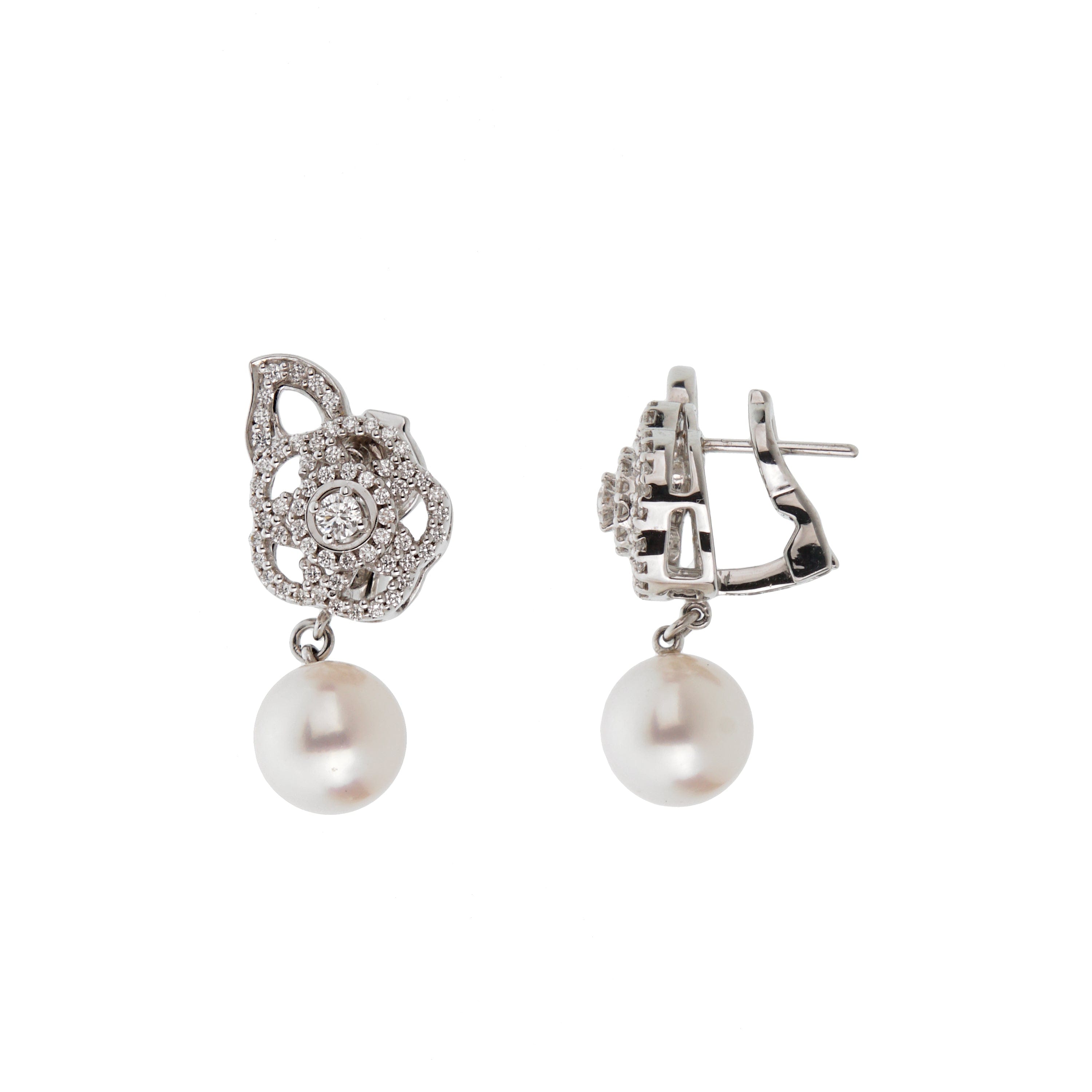 Chanel Fil de Camelia Diamond Pearl Drop Earrings 18K White Gold
