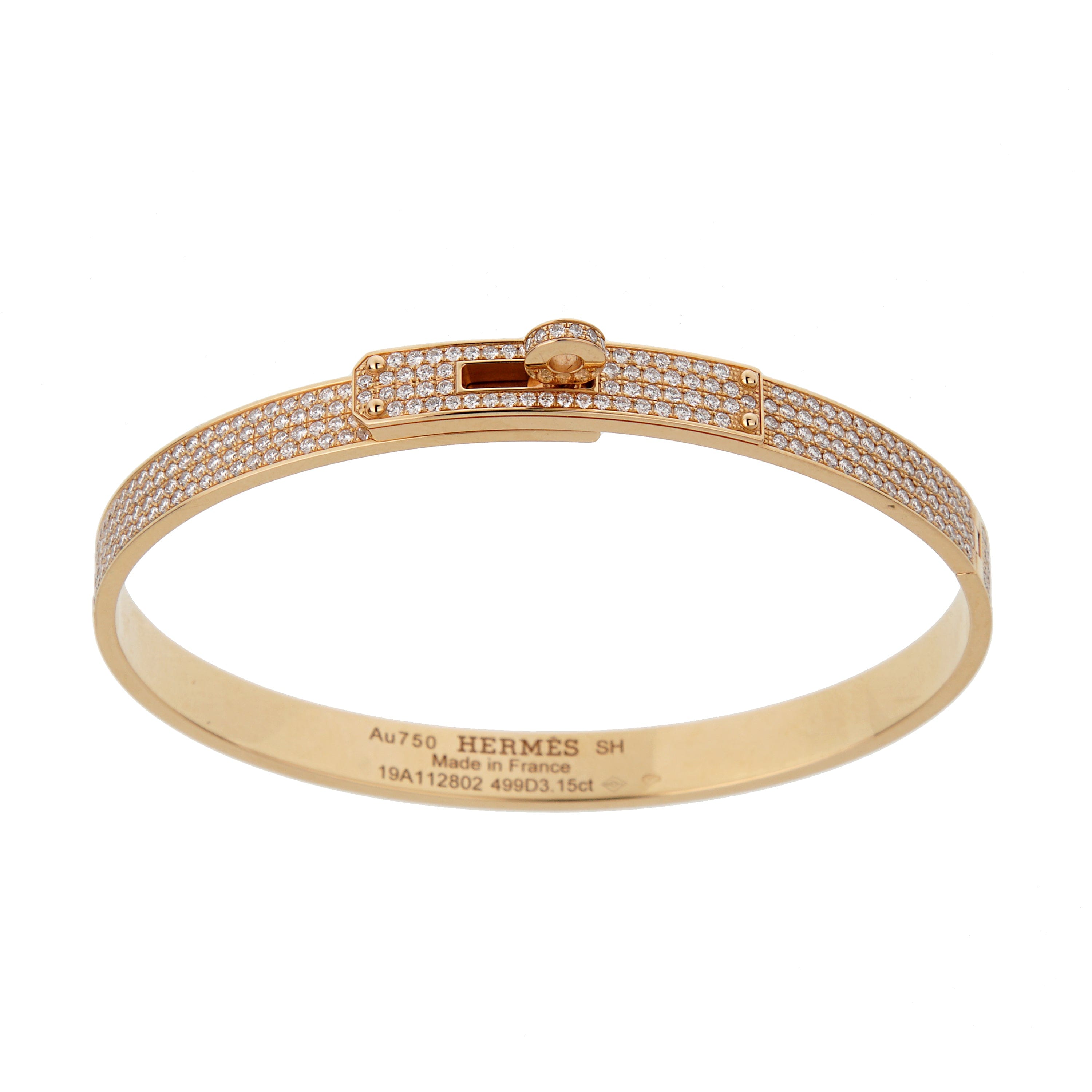 Hermes Kelly 18K Rose Gold Full Pave Diamond Bangle Bracelet Size SH