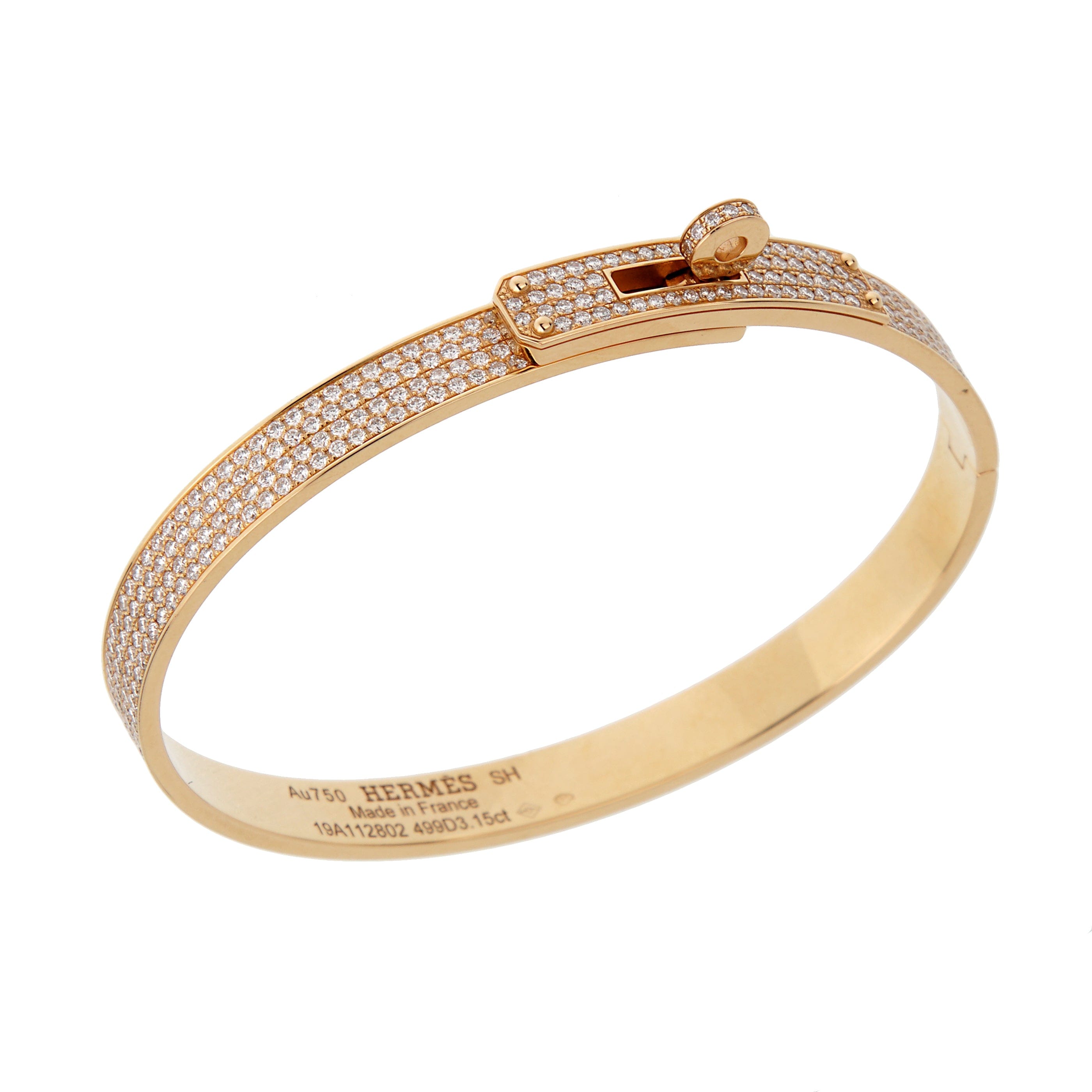 Hermes Kelly 18K Rose Gold Full Pave Diamond Bangle Bracelet Size SH