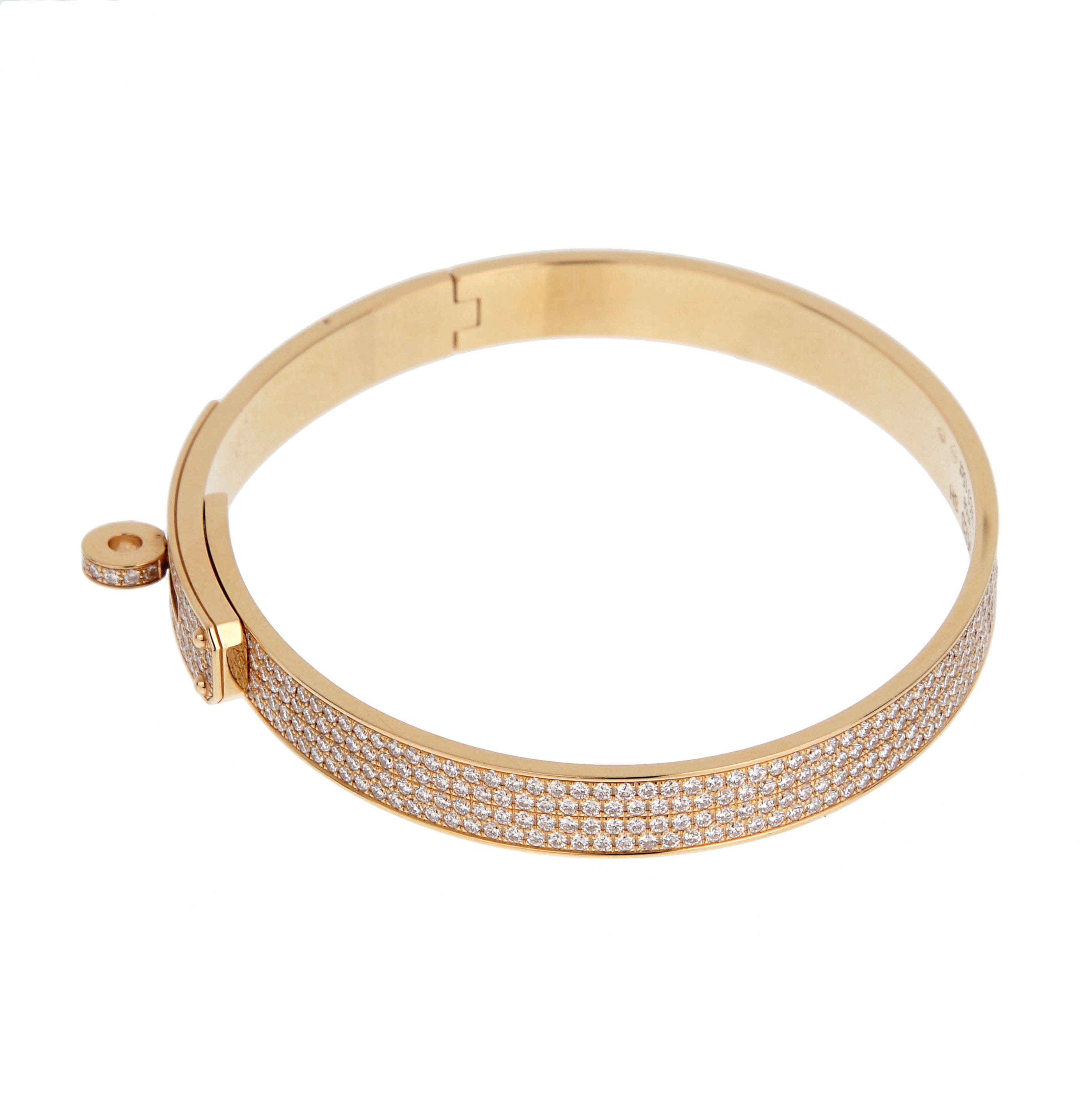 Hermes Kelly 18K Rose Gold Full Pave Diamond Bangle Bracelet Size SH