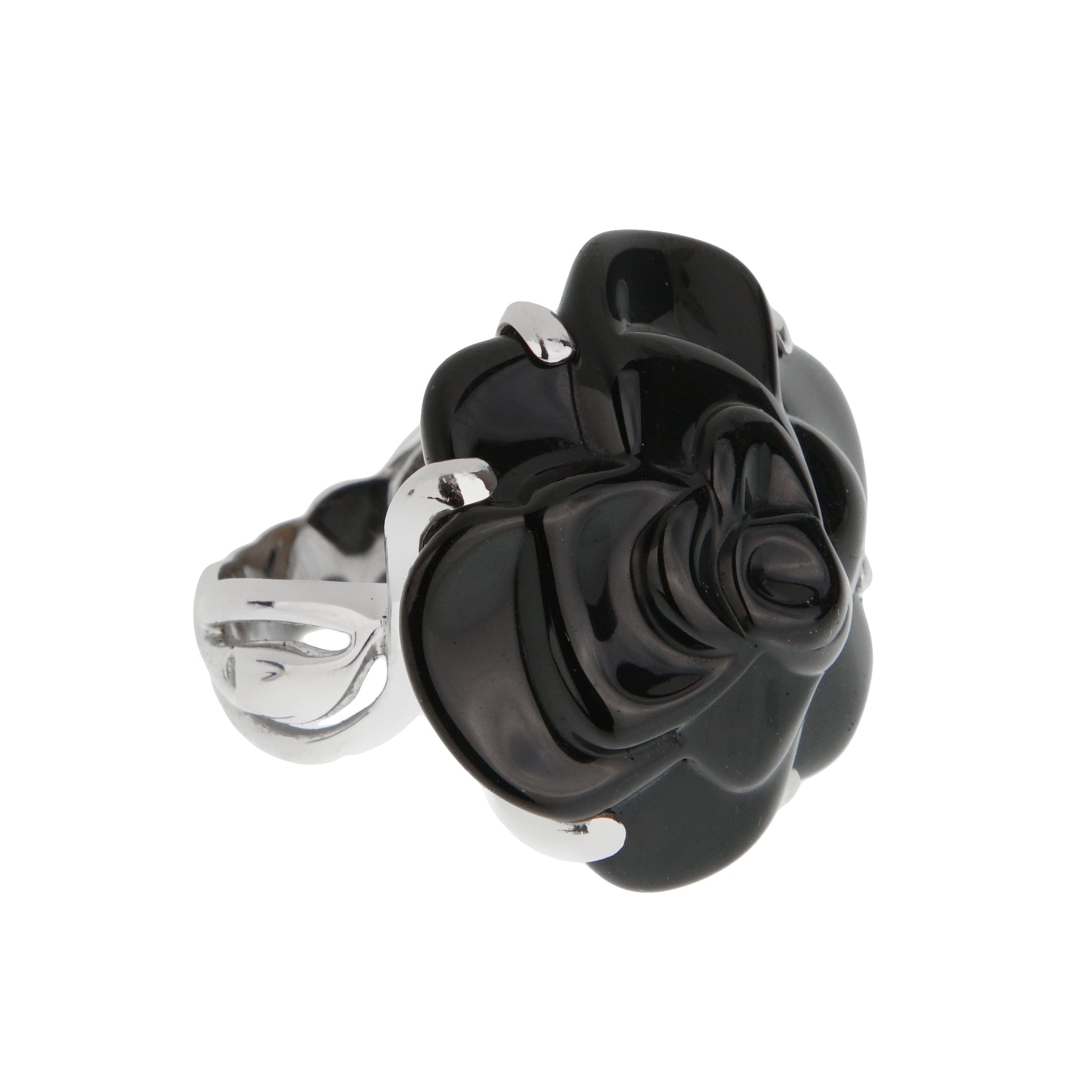 Chanel Camelia Large Onyx 18k White Gold Cocktail Ring Sz 5 1/2