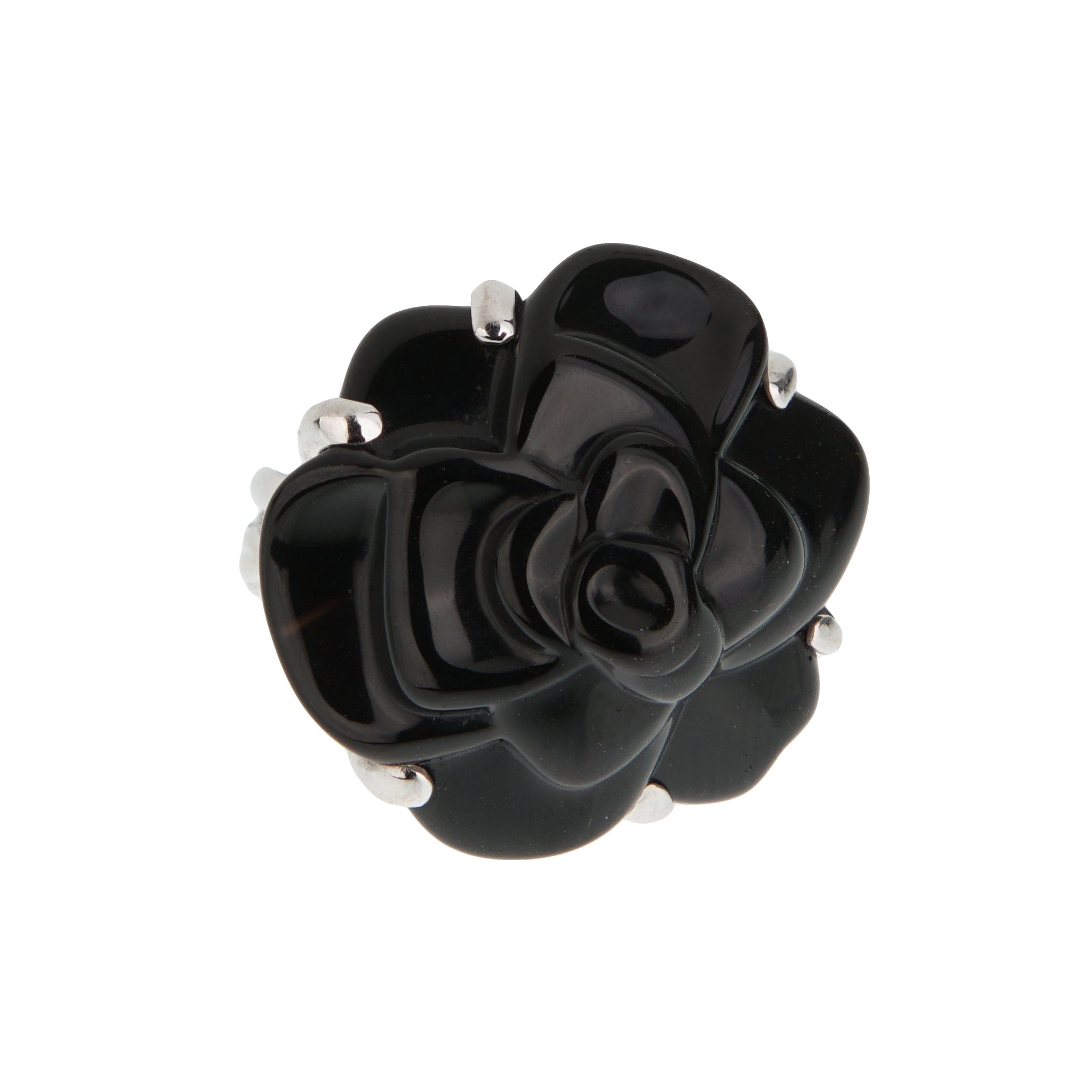 Chanel Camelia Large Onyx 18k White Gold Cocktail Ring Sz 5 1/2