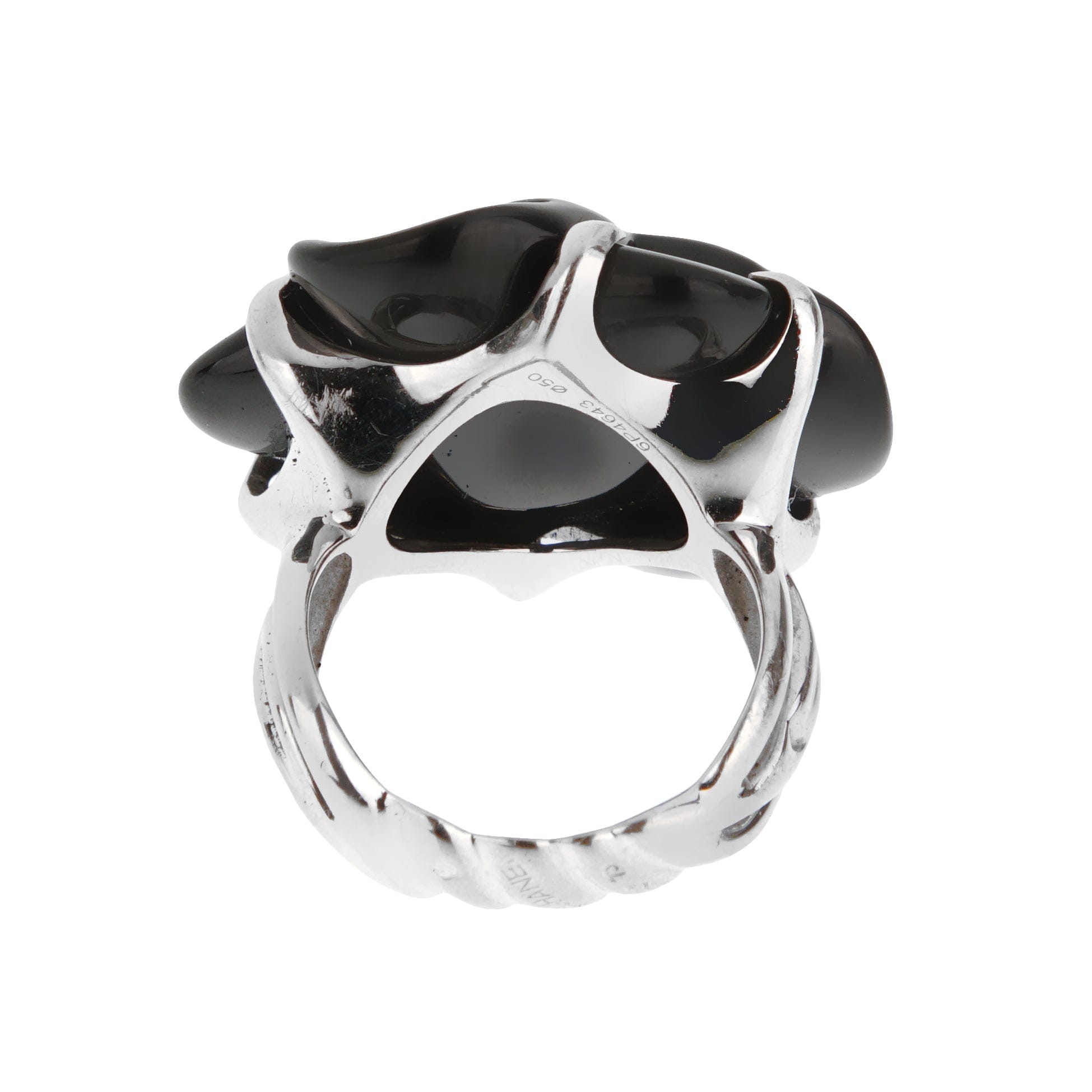 Chanel Camelia Large Onyx 18k White Gold Cocktail Ring Sz 5 1/2