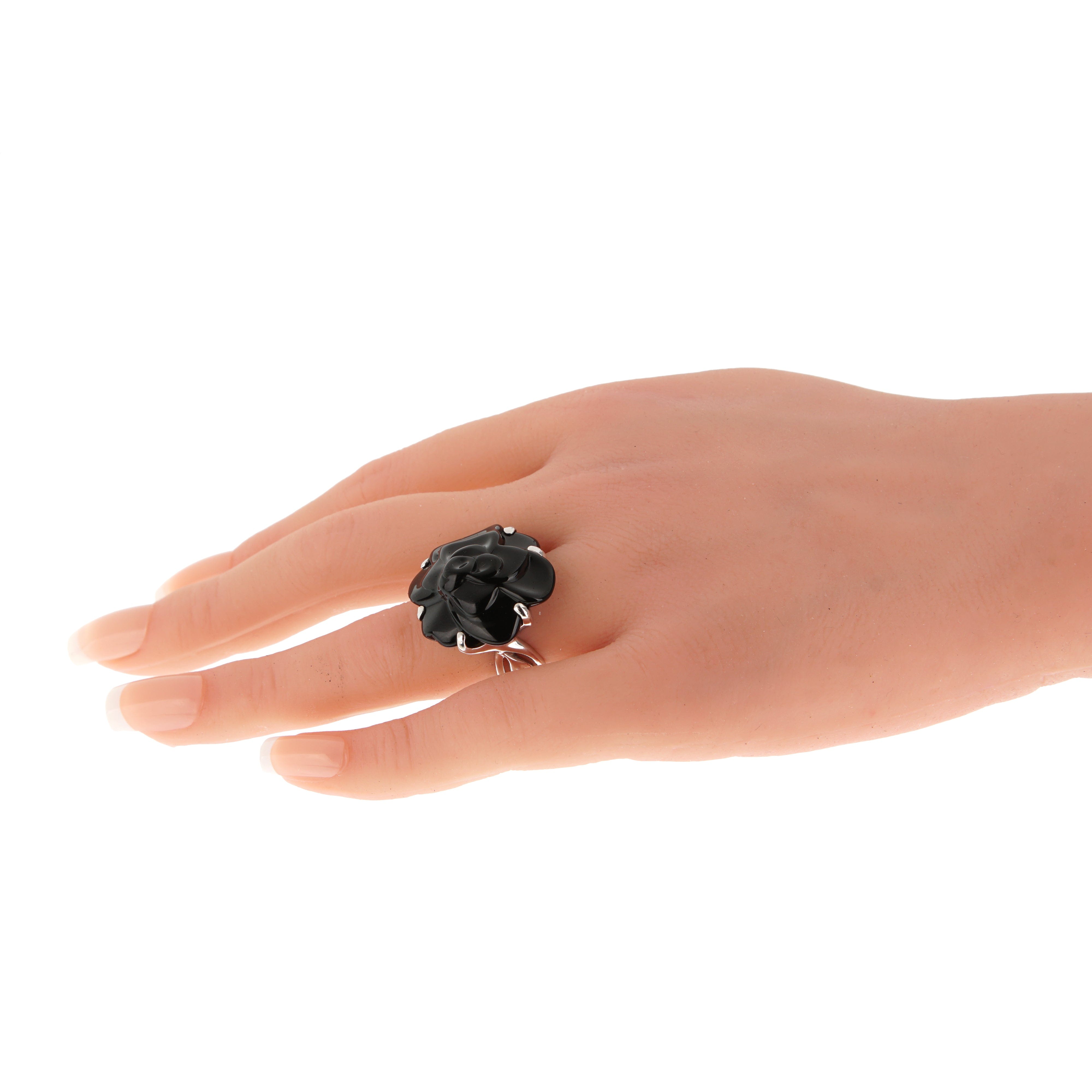Chanel Camelia Large Onyx 18k White Gold Cocktail Ring Sz 5 1/2
