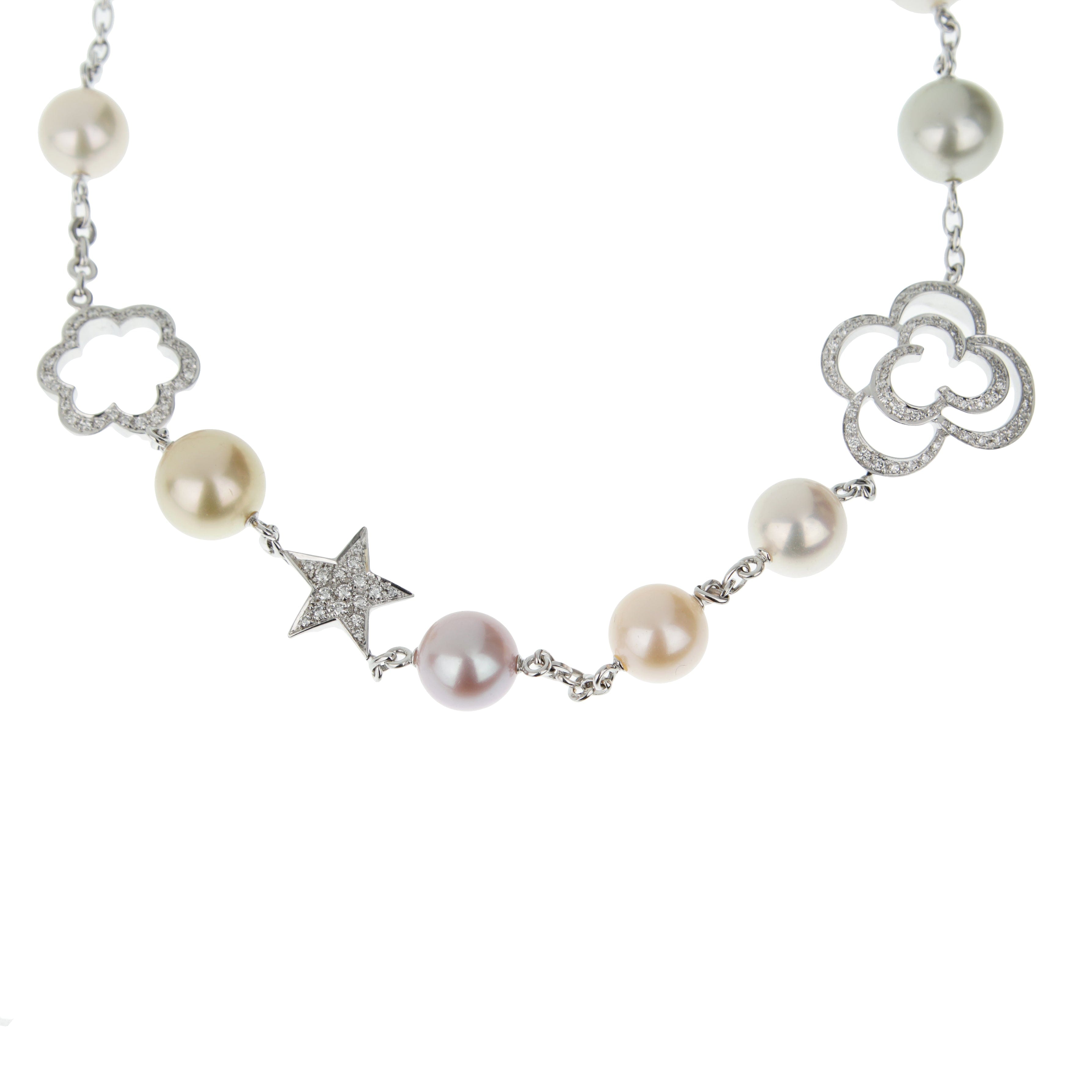 Chanel Camelia & Comete Motif Pearl Diamond 18k White Gold Necklace