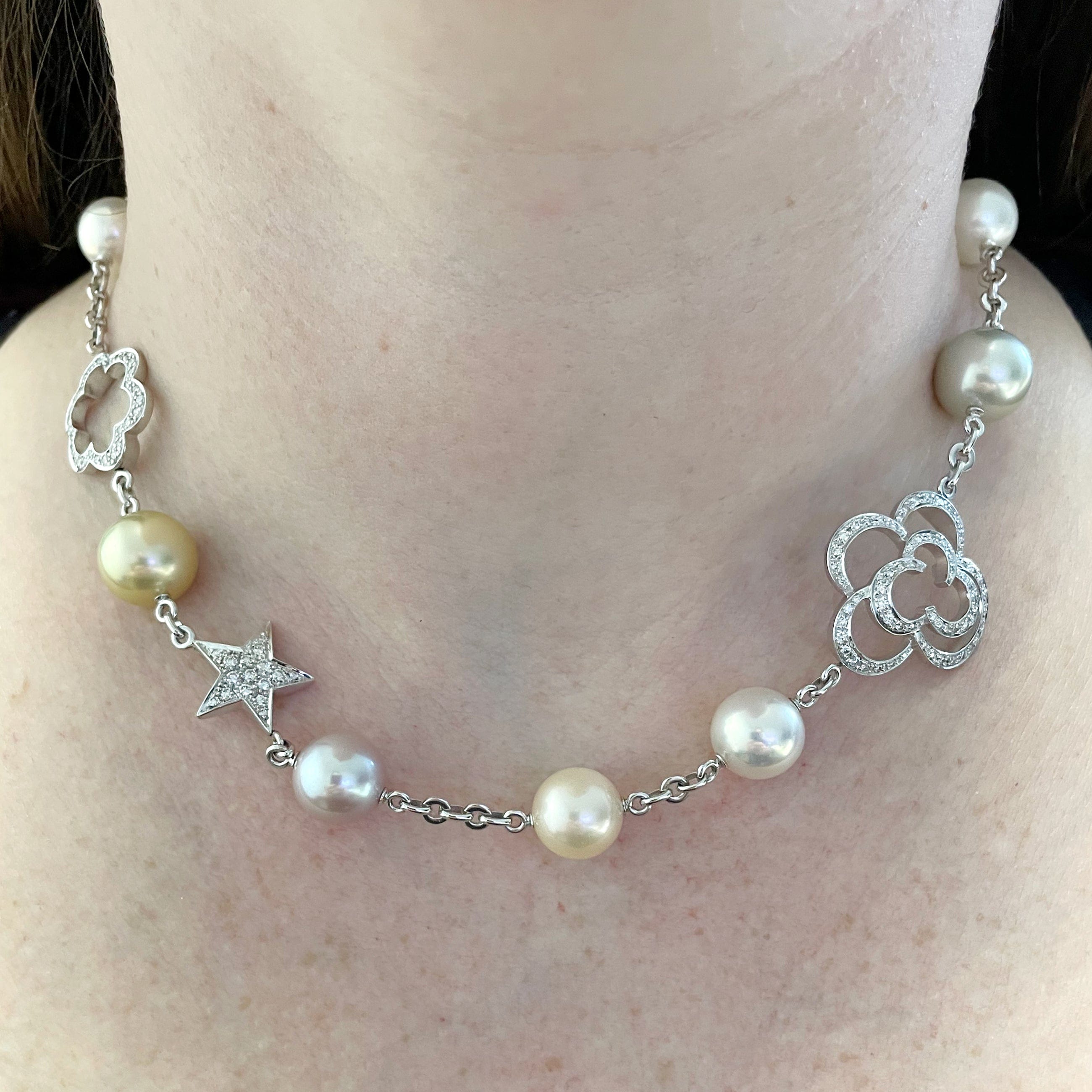 Chanel Camelia & Comete Motif Pearl Diamond 18k White Gold Necklace