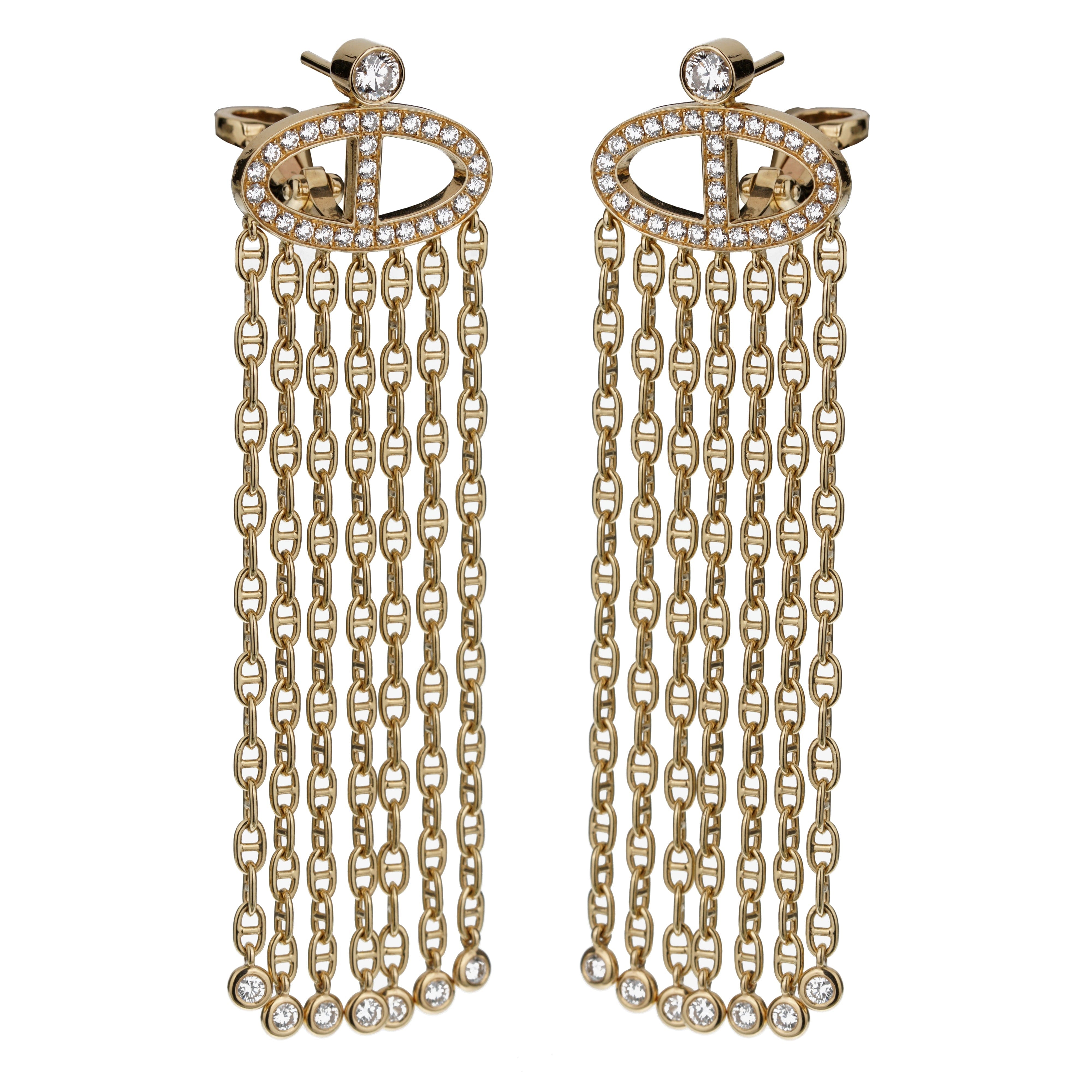Hermes Limited Edition Chaine d'Ancre 18k Yellow Gold Diamond Drop Earrings