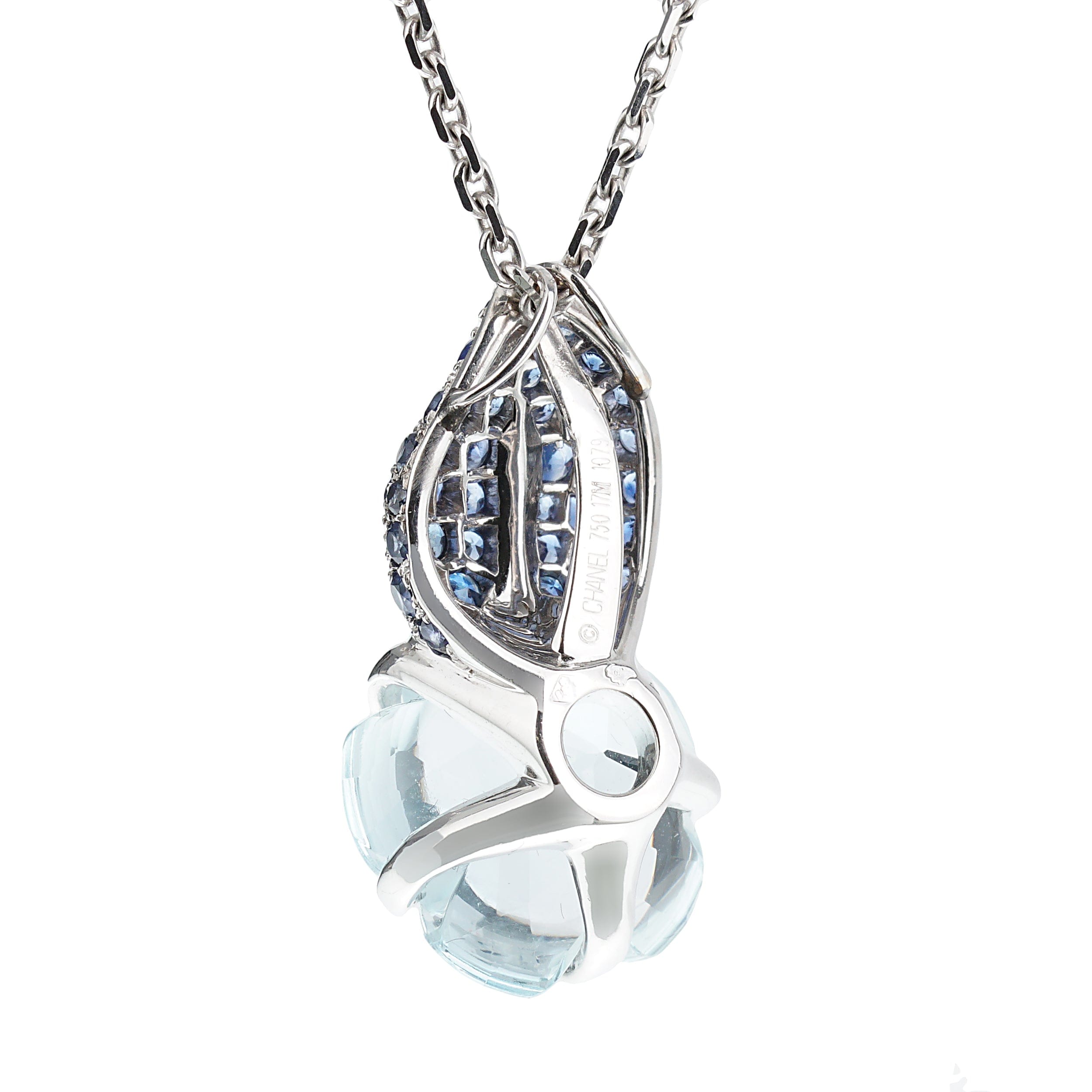 Chanel Camelia Sapphire 18k White Gold Pendant Necklace