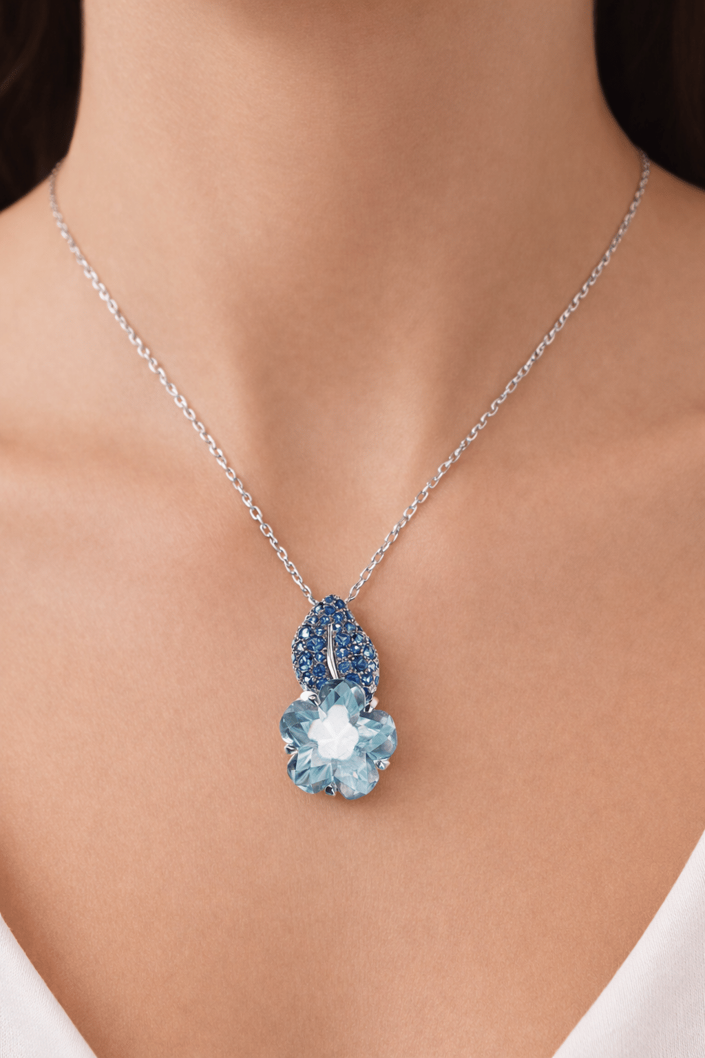 Chanel Camelia Sapphire 18k White Gold Pendant Necklace