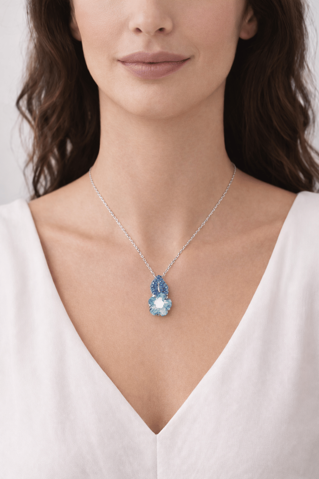 Chanel Camelia Sapphire 18k White Gold Pendant Necklace
