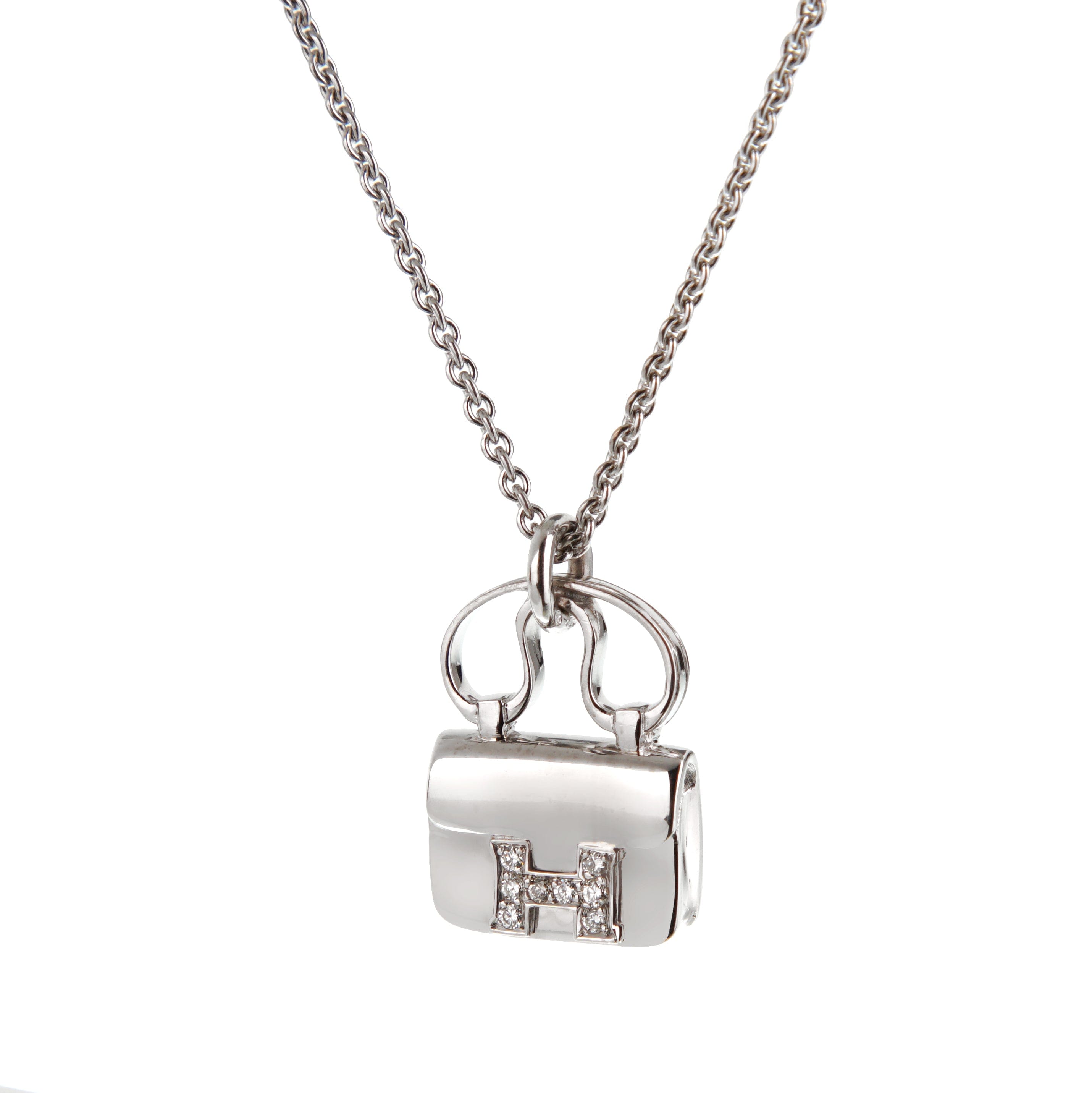 Hermes Constance Amulettes 18k White Gold Diamond Charm Pendant Necklace