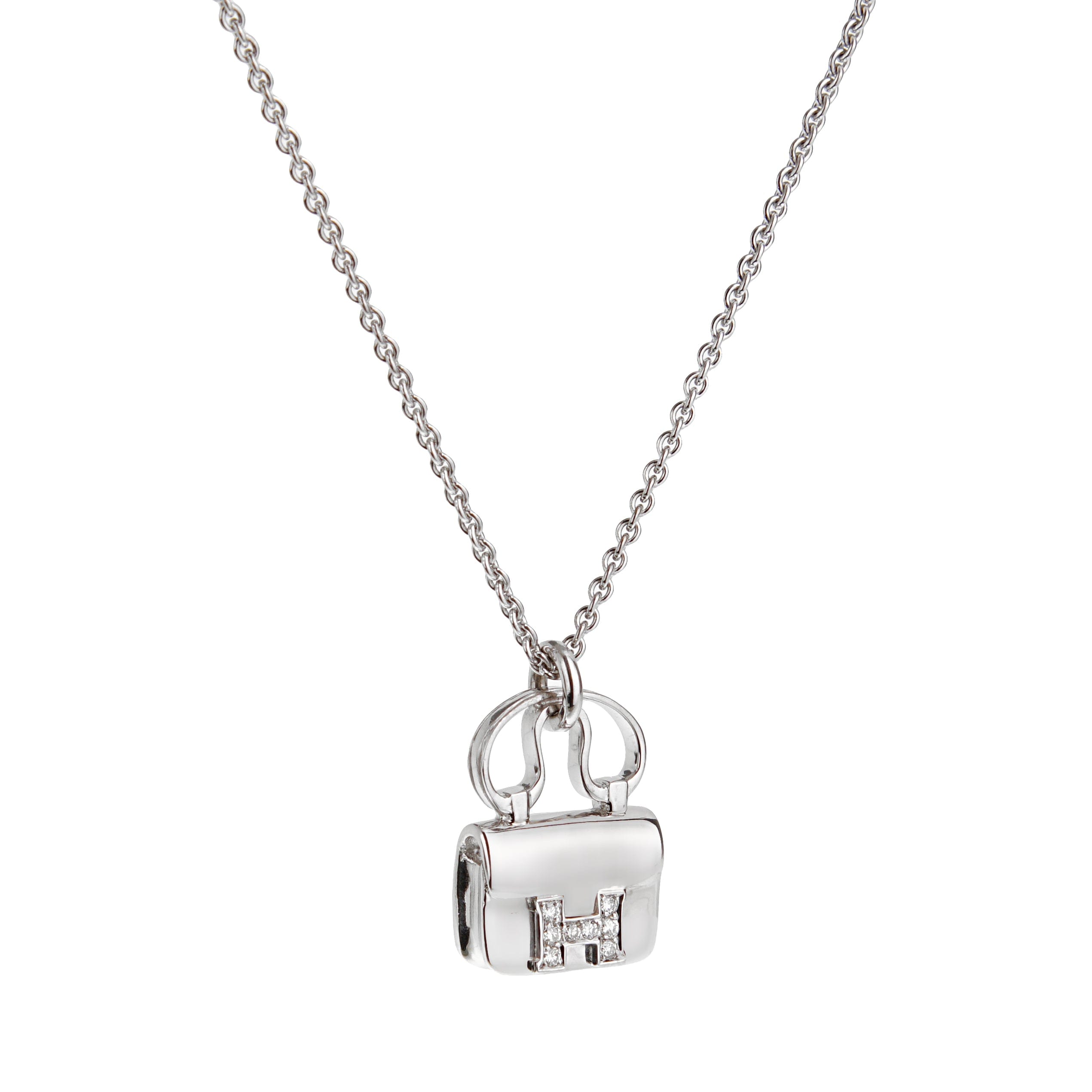 Hermes Constance Amulettes 18k White Gold Diamond Charm Pendant Necklace