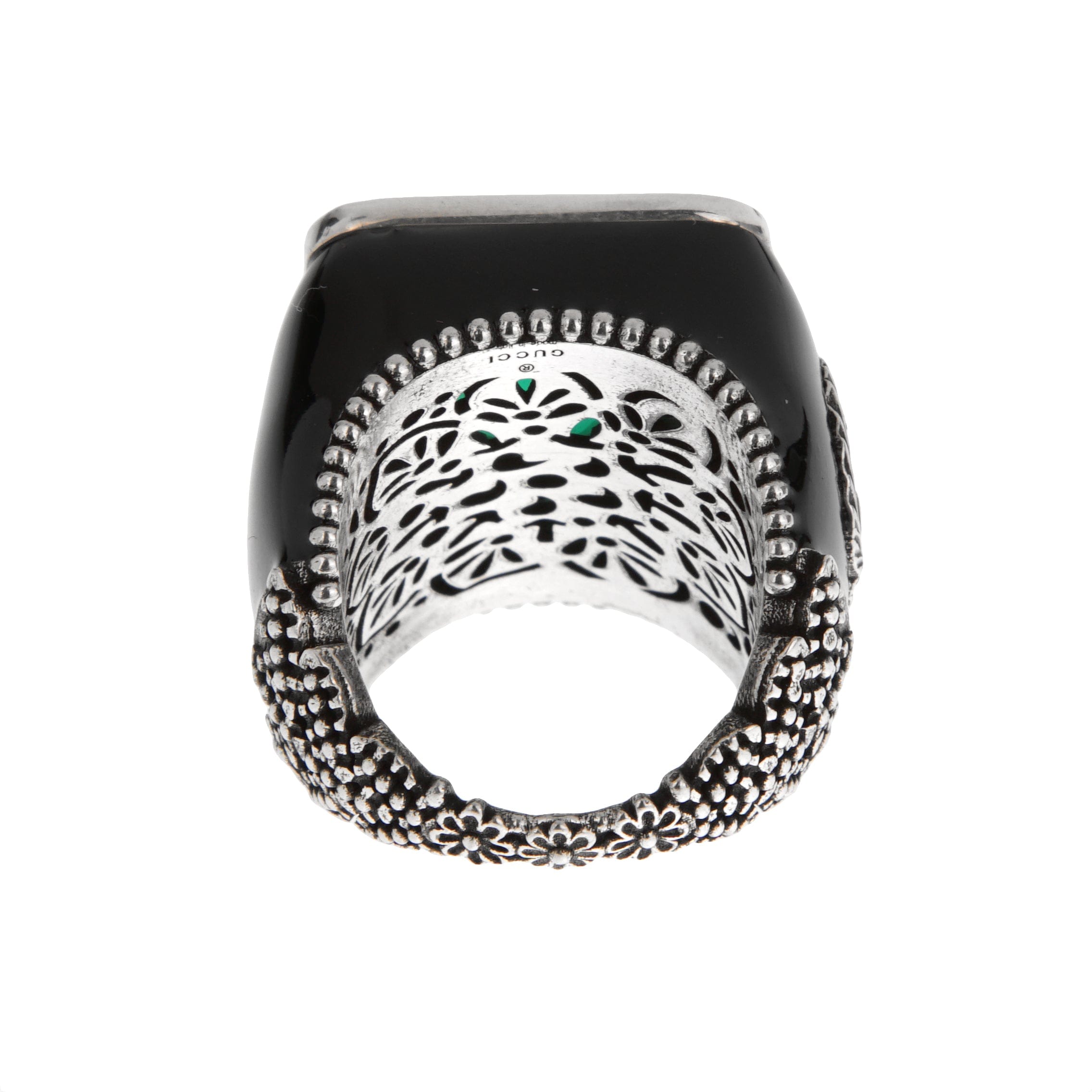 Gucci Sterling Silver Green Crystal Cocktail Ring with Black Enamel