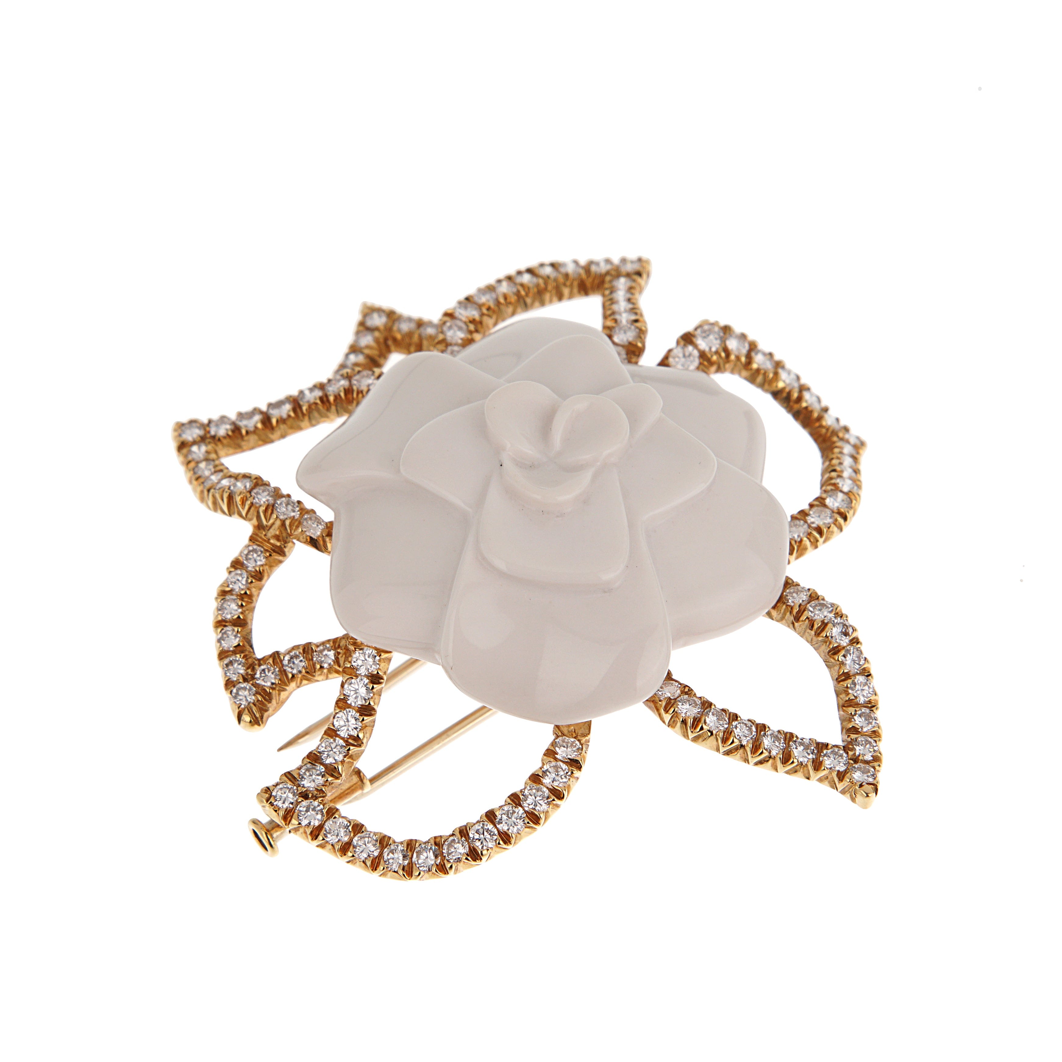 Chanel Camelia 18k Yellow Gold Diamond Brooch Pendant Necklace