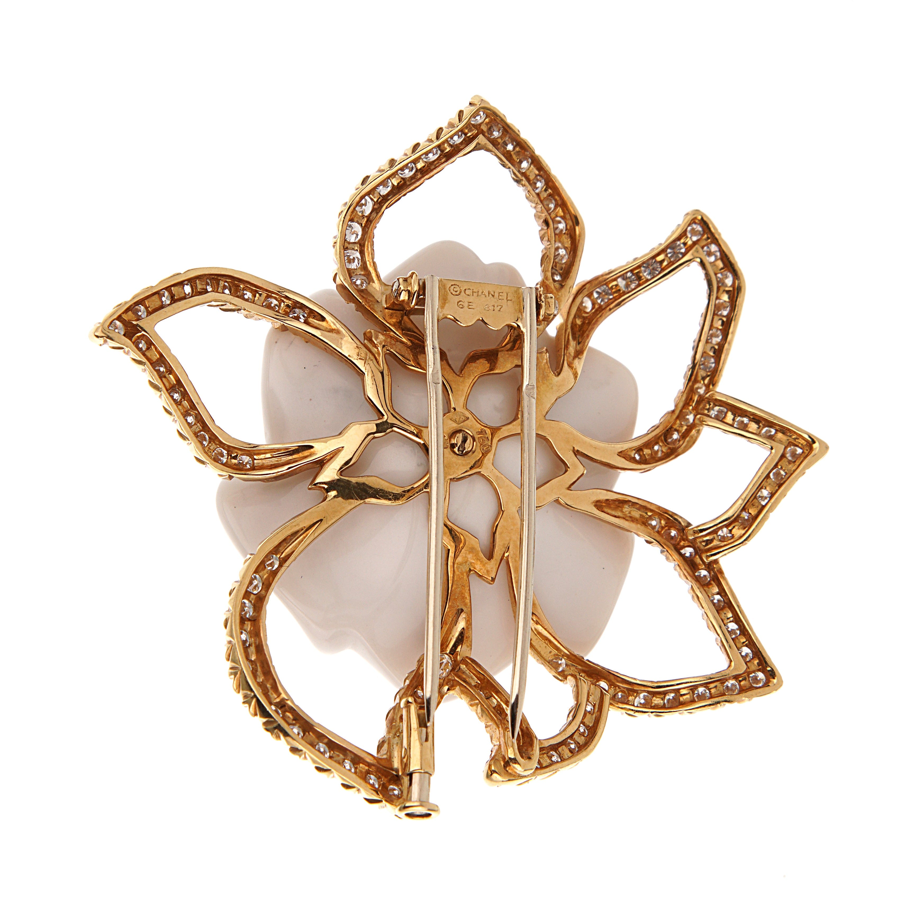 Chanel Camelia 18k Yellow Gold Diamond Brooch Pendant Necklace