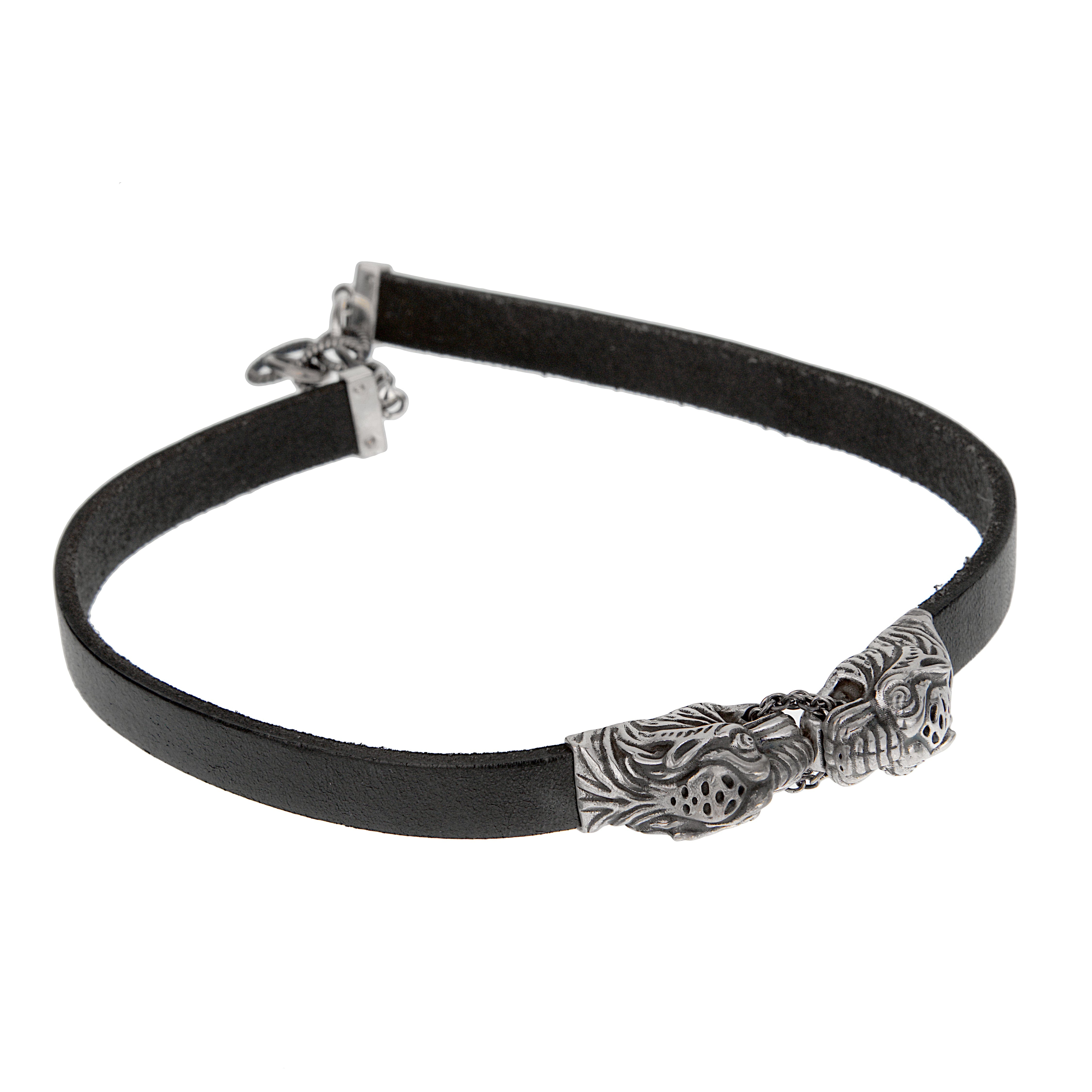 Gucci Black Leather Necklace with Sterling Silver Tiger Heads – 16"