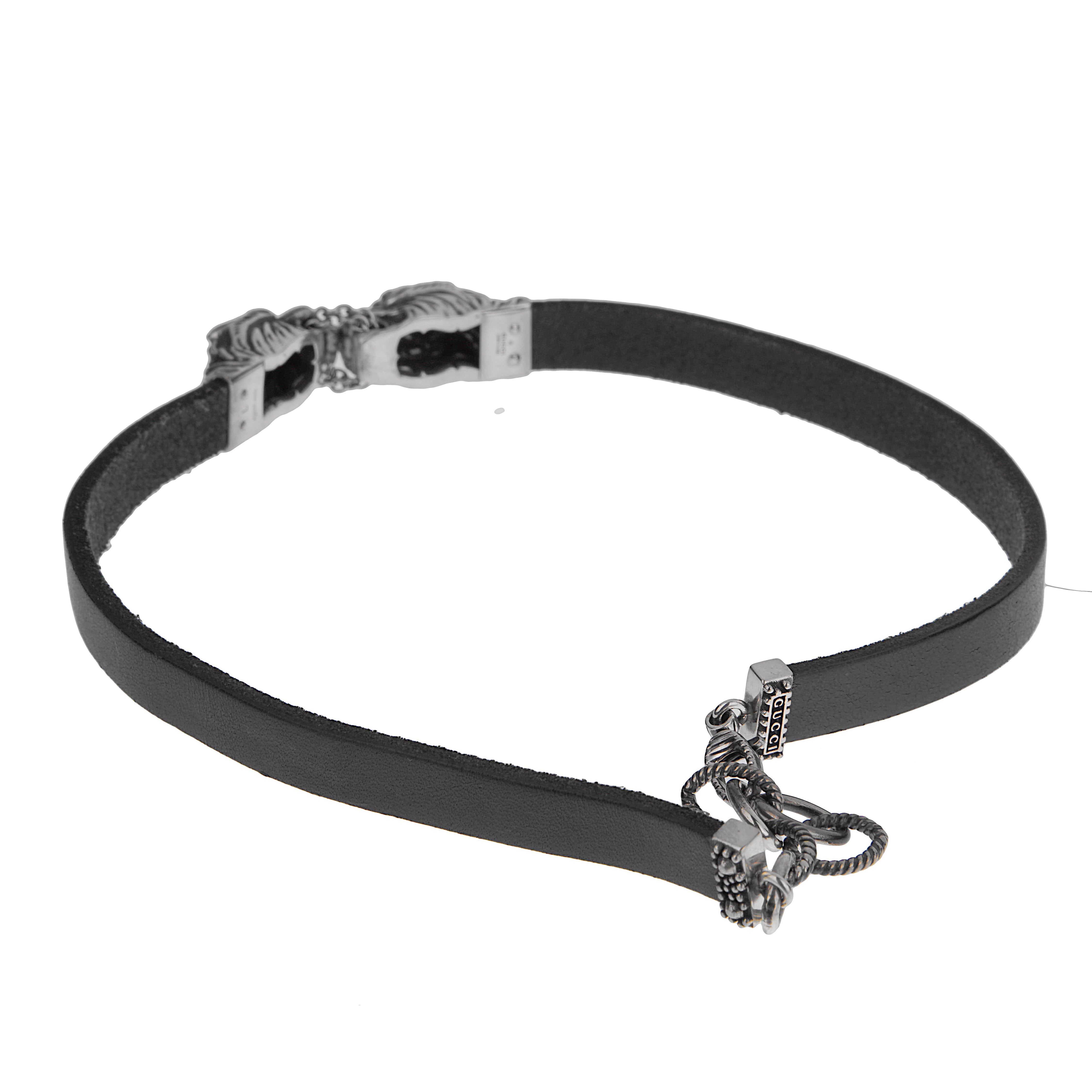 Gucci Black Leather Necklace with Sterling Silver Tiger Heads – 16"