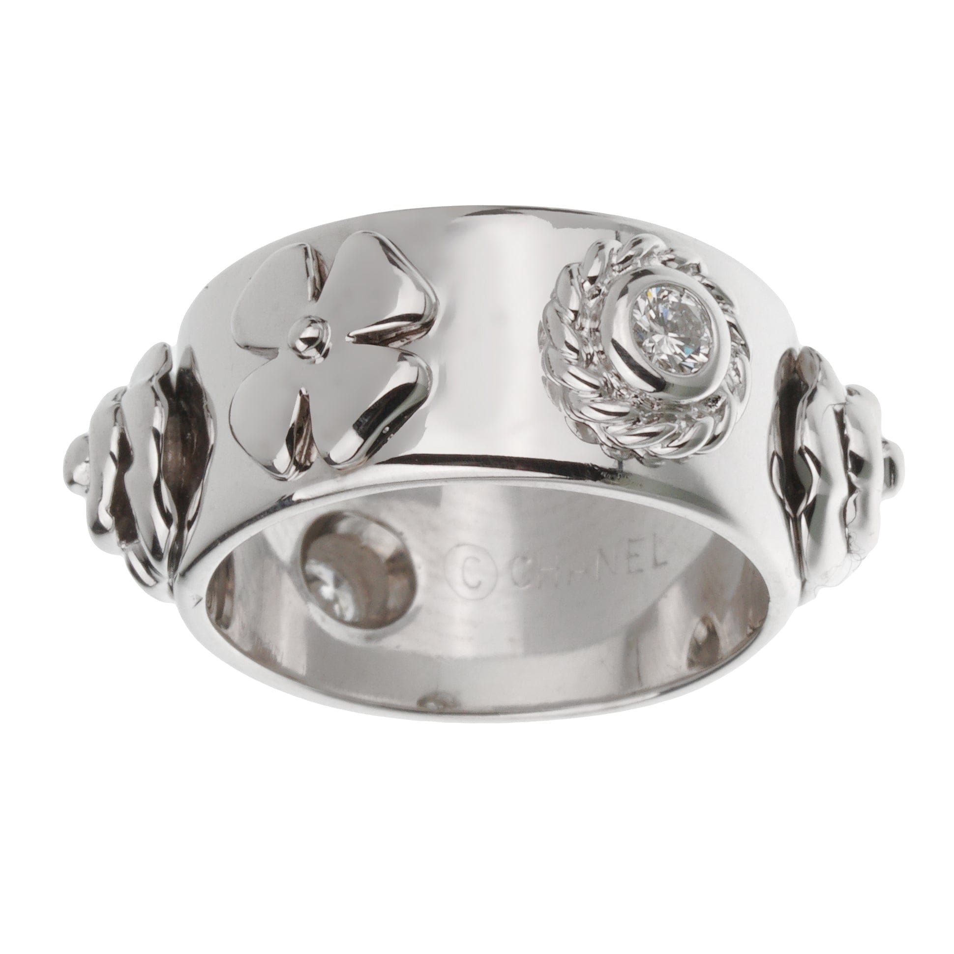 Chanel Camelia Lucky Charm 18k White Gold Diamond Band Ring