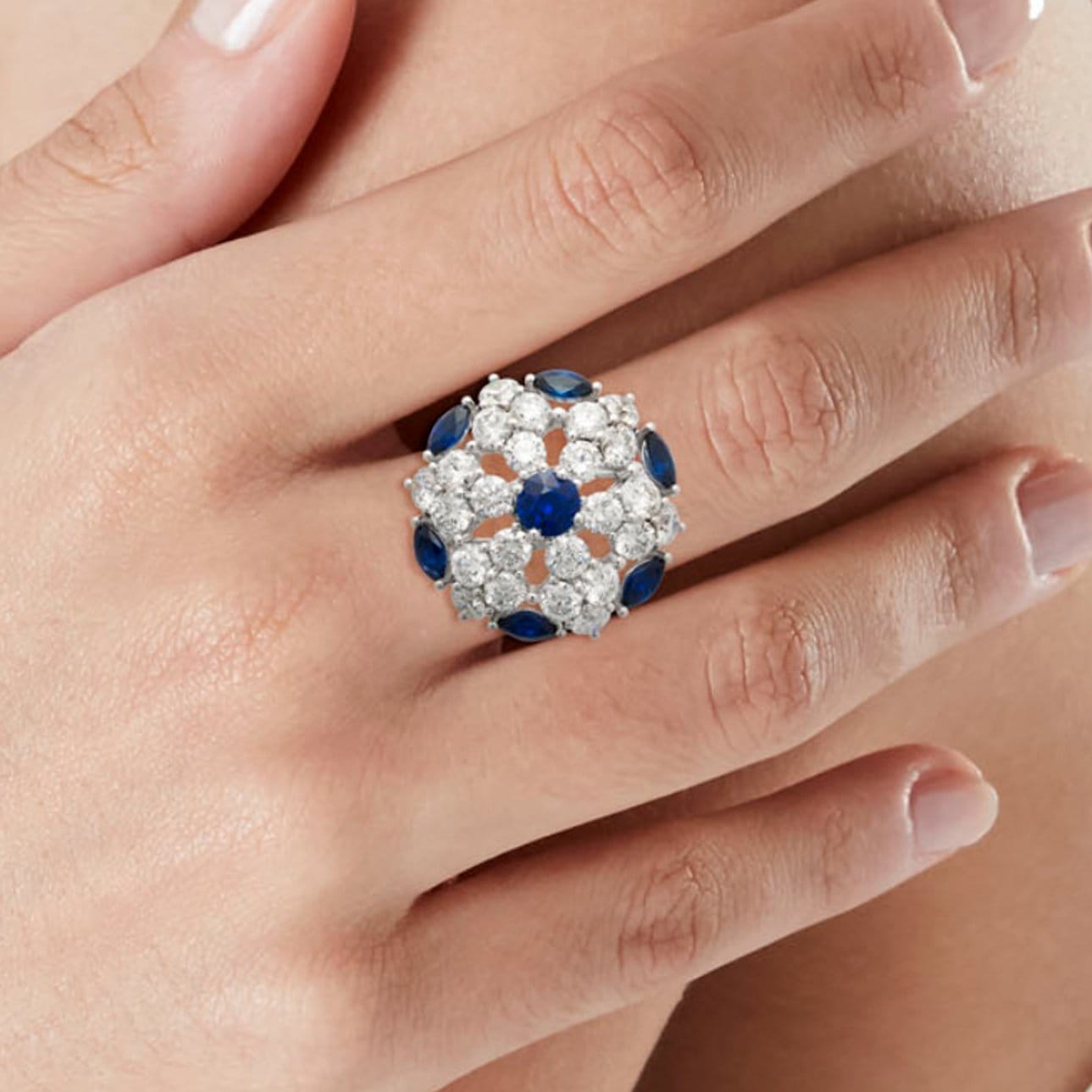 Graff Sapphire Diamond 18k White Gold Cocktail Ring Sz 8