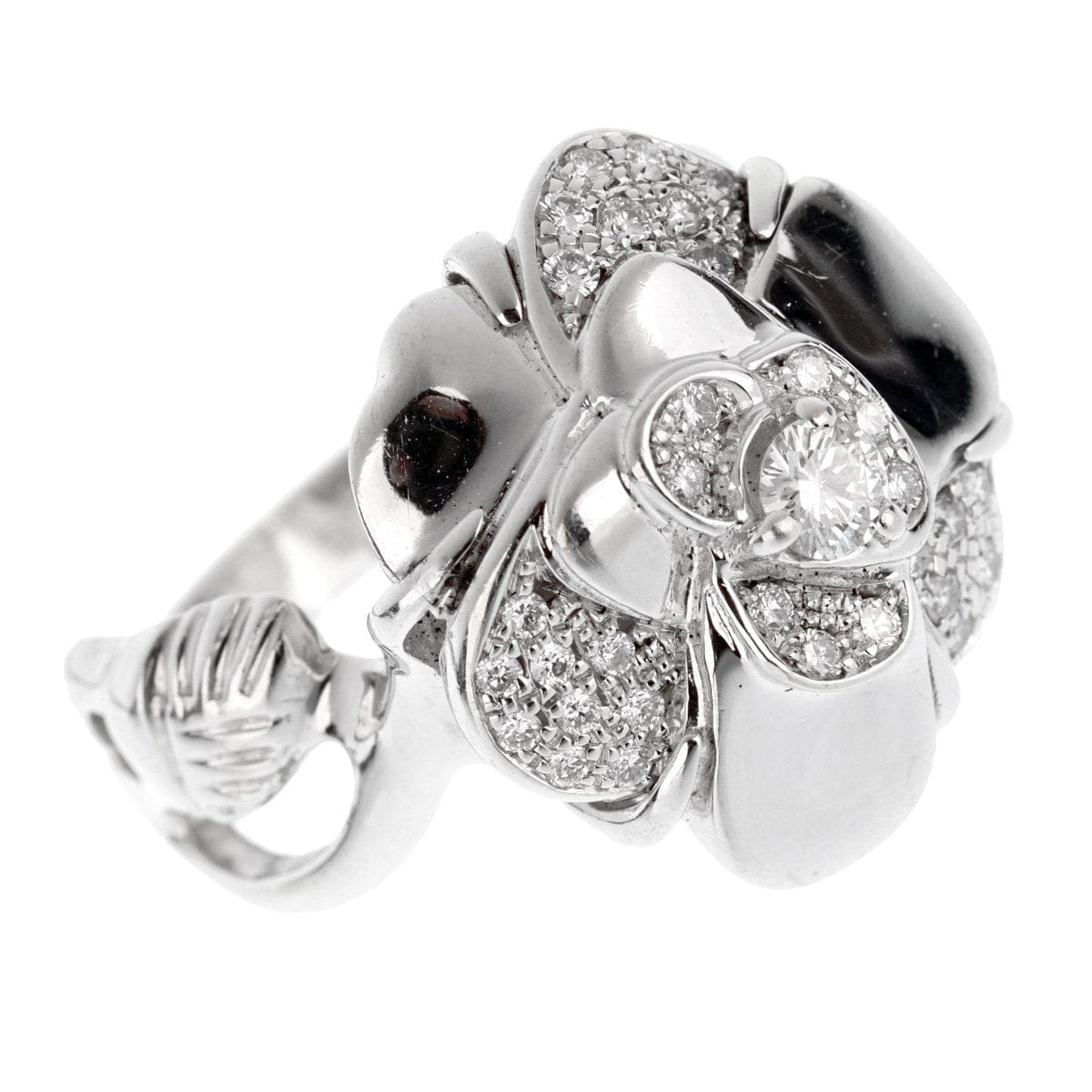 Chanel Camelia 18k White Gold Diamond Ring Sz 5 1/4