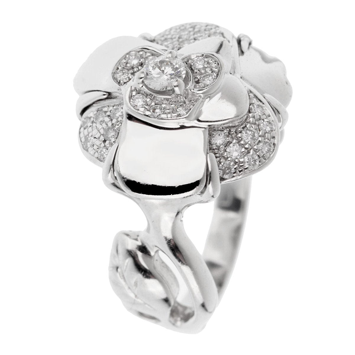 Chanel Camelia 18k White Gold Diamond Ring Sz 5 1/4