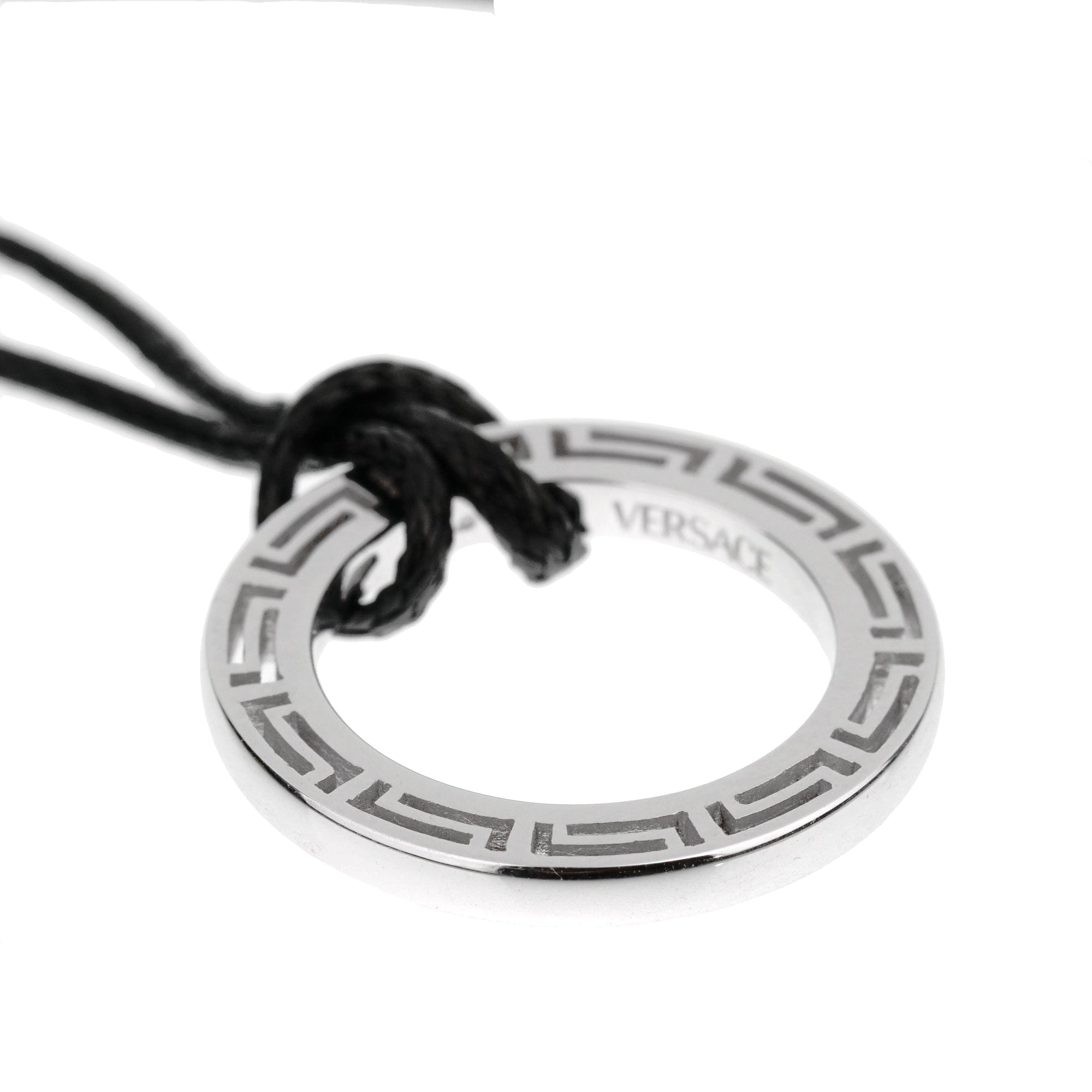 Versace Greek Key White Gold Pendant Leather Necklace