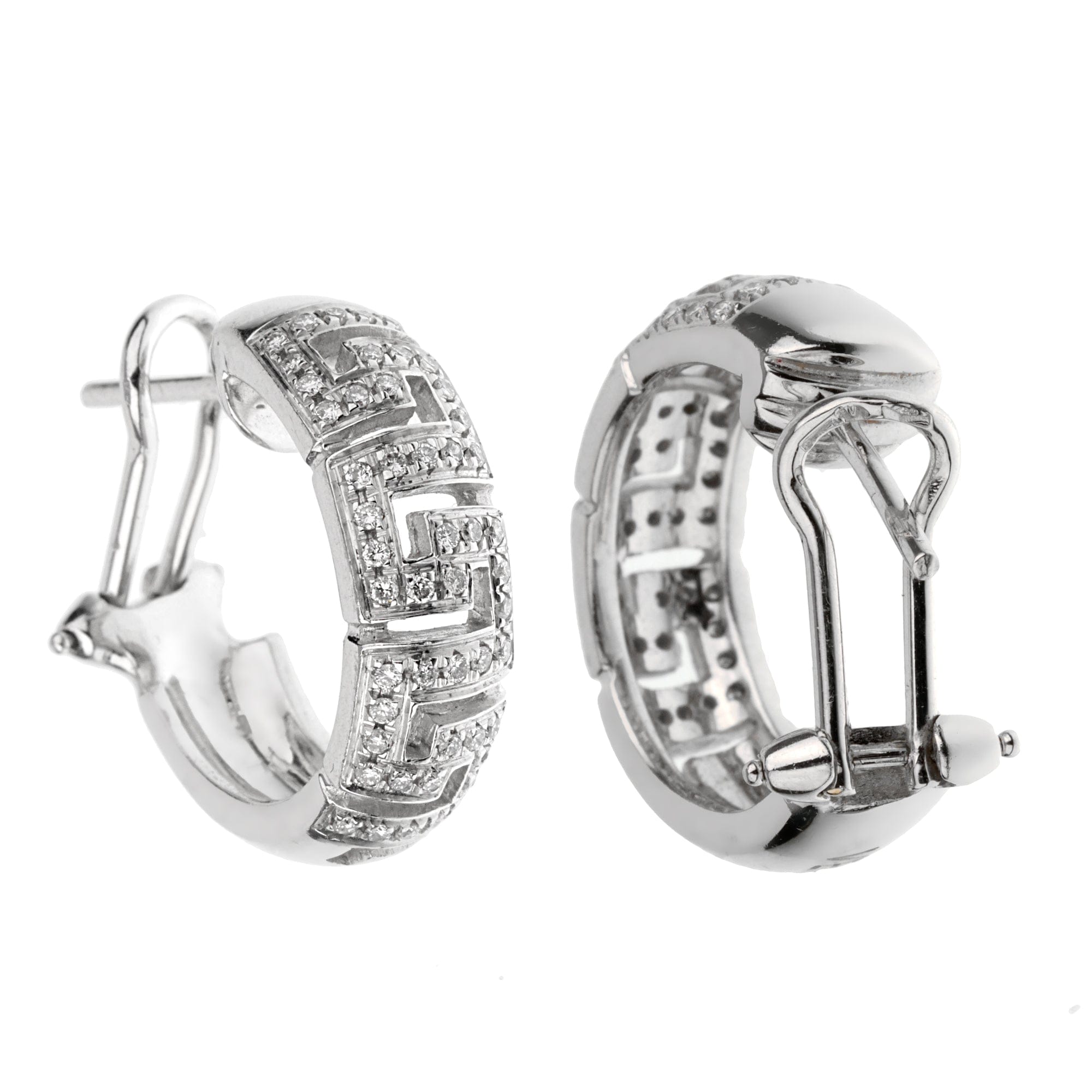 Versace 18k White Gold Diamond Greek Key Hoop Earrings