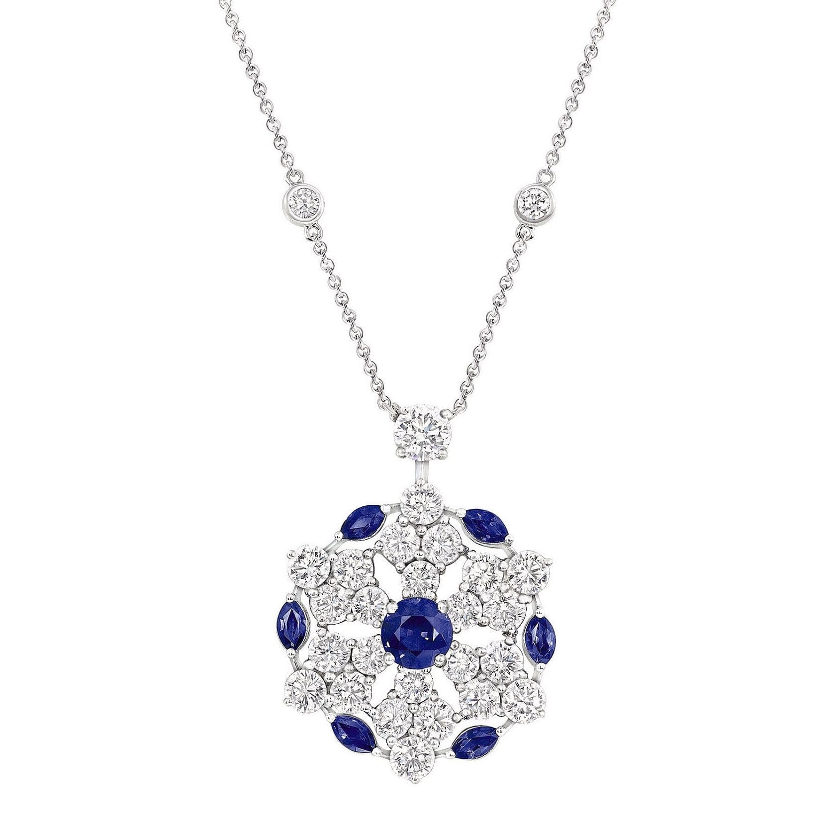 Graff Sapphire Snowflake Diamond 18k White Gold Pendant Necklace