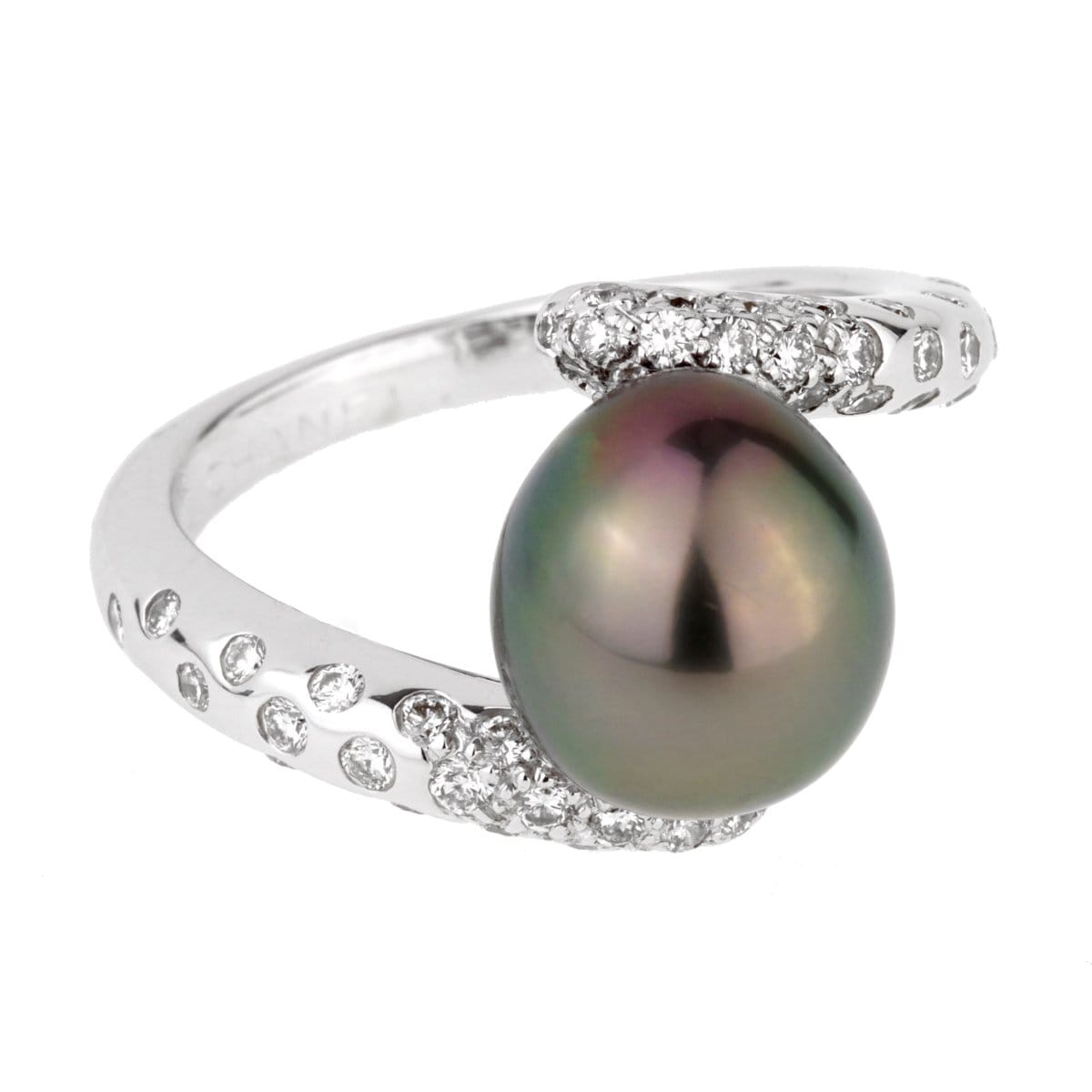 Chanel Concept Pearl Diamond 18k White Gold Cocktail Ring Sz 5 1/2