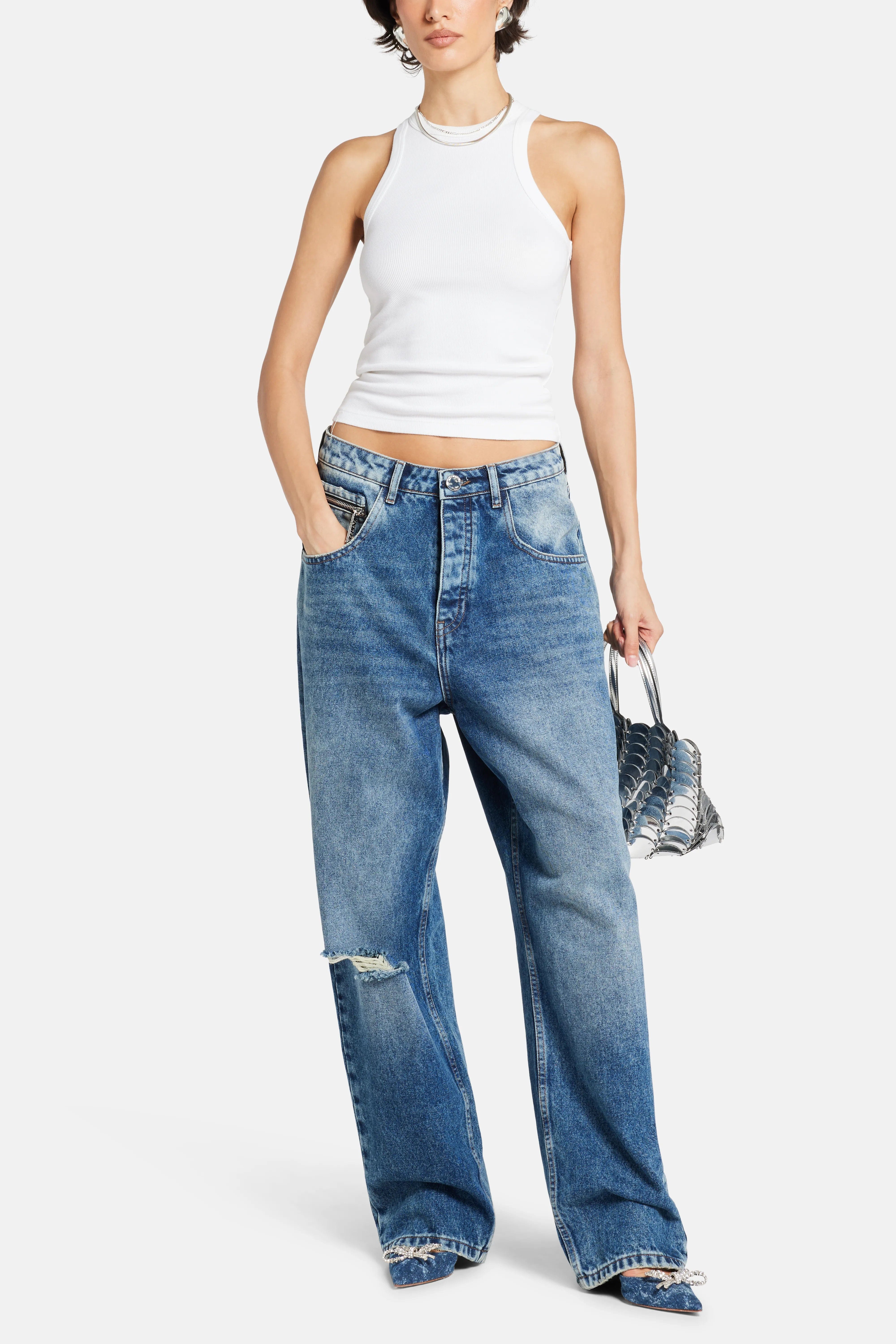 MRS KEEPA Balloon Denim Cotton Pants in Blue