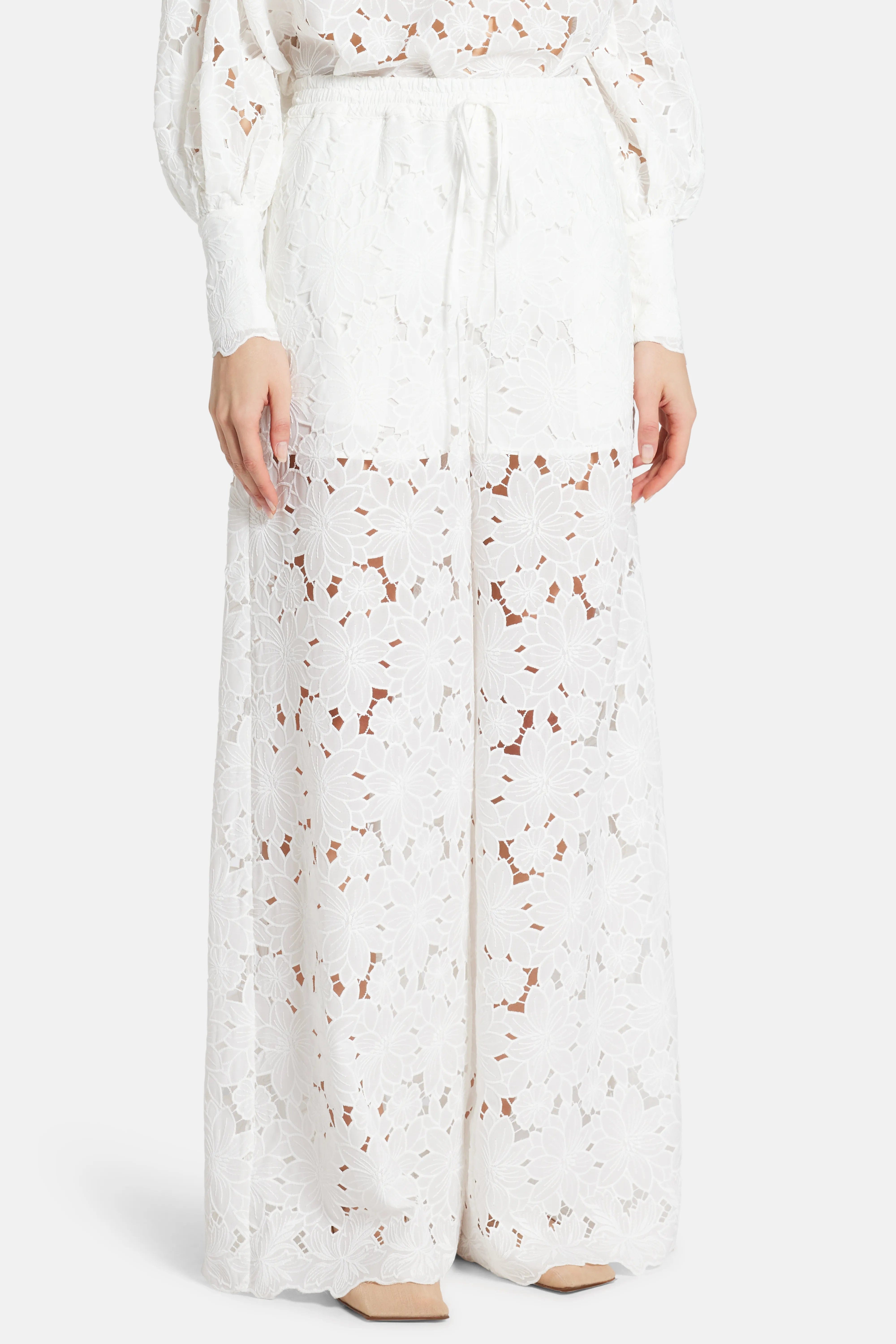 Vasiliki Raya Lace Cotton Wide Legged Pants in White