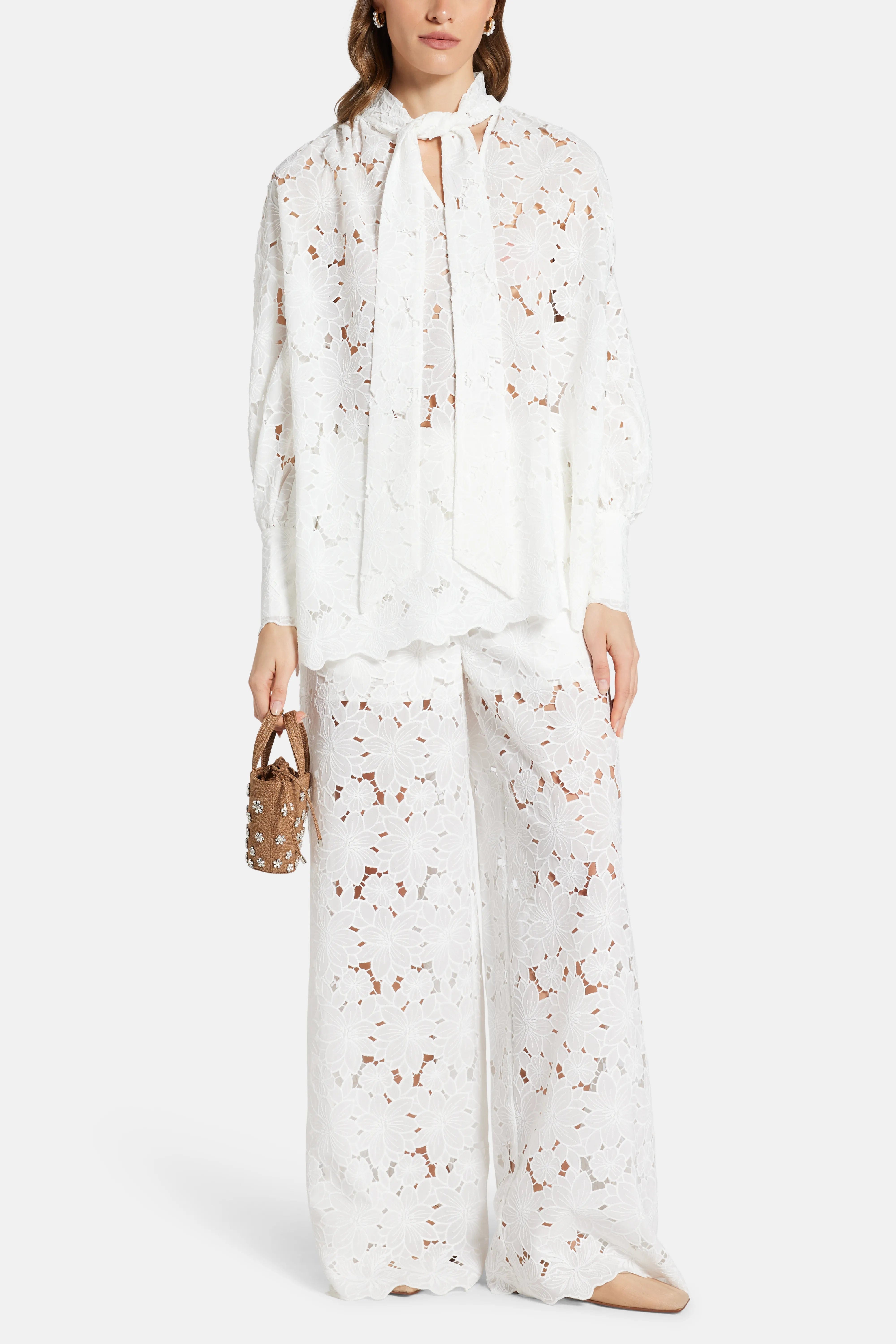 Vasiliki Raya Lace Cotton Wide Legged Pants in White