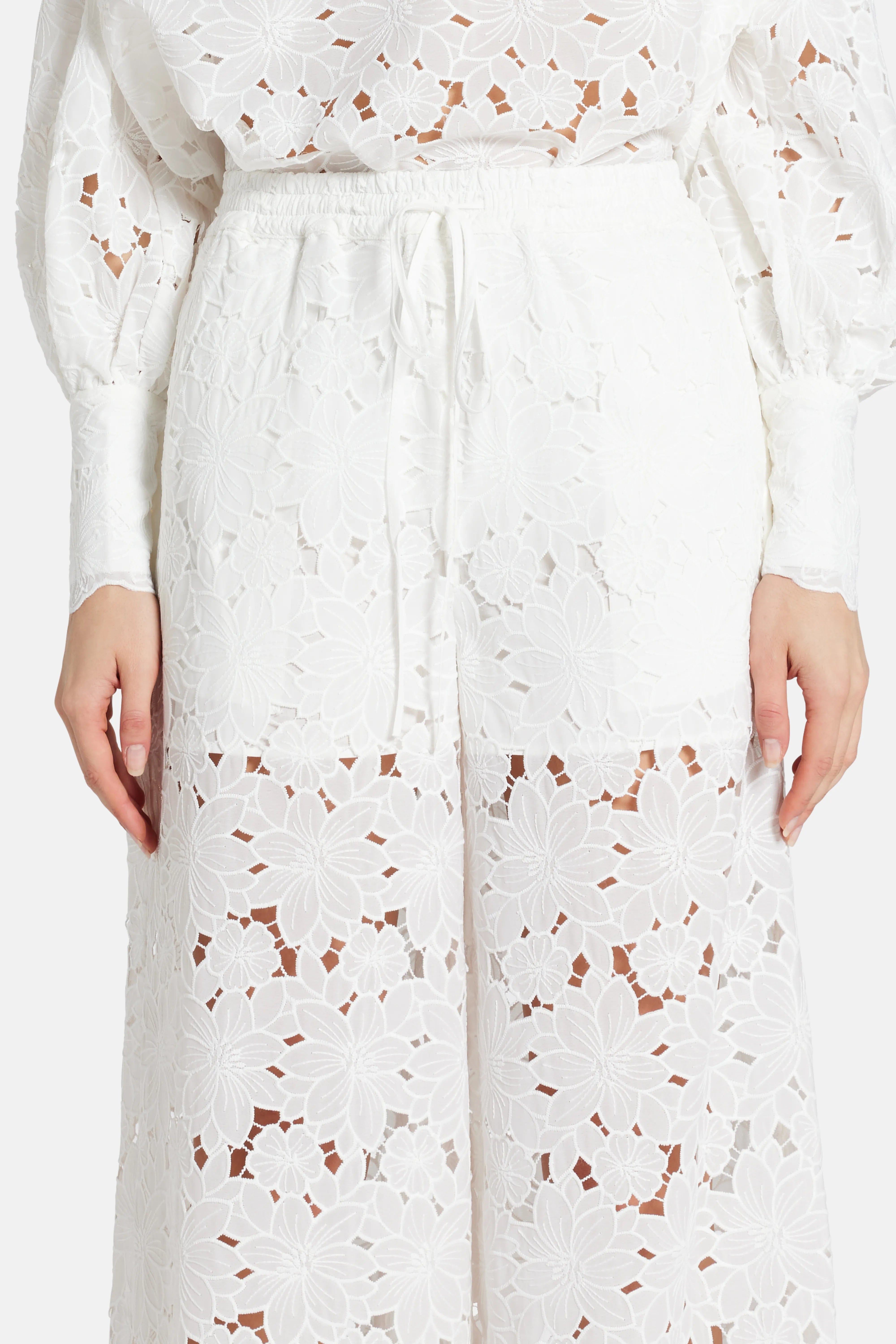 Vasiliki Raya Lace Cotton Wide Legged Pants in White