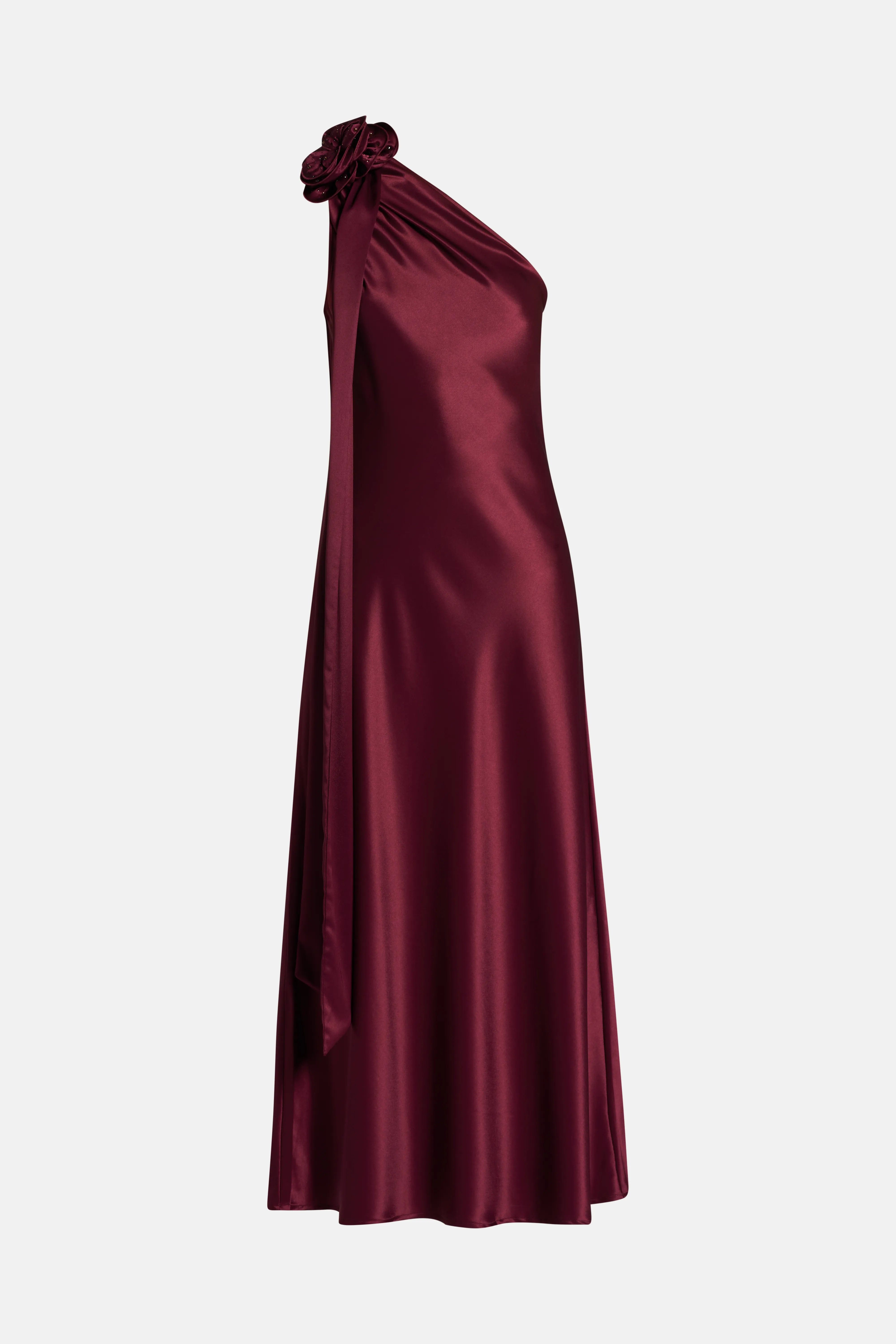 Vasiliki Portia Dress With Corsage One Shoulder Maxi Dress in Burgundy