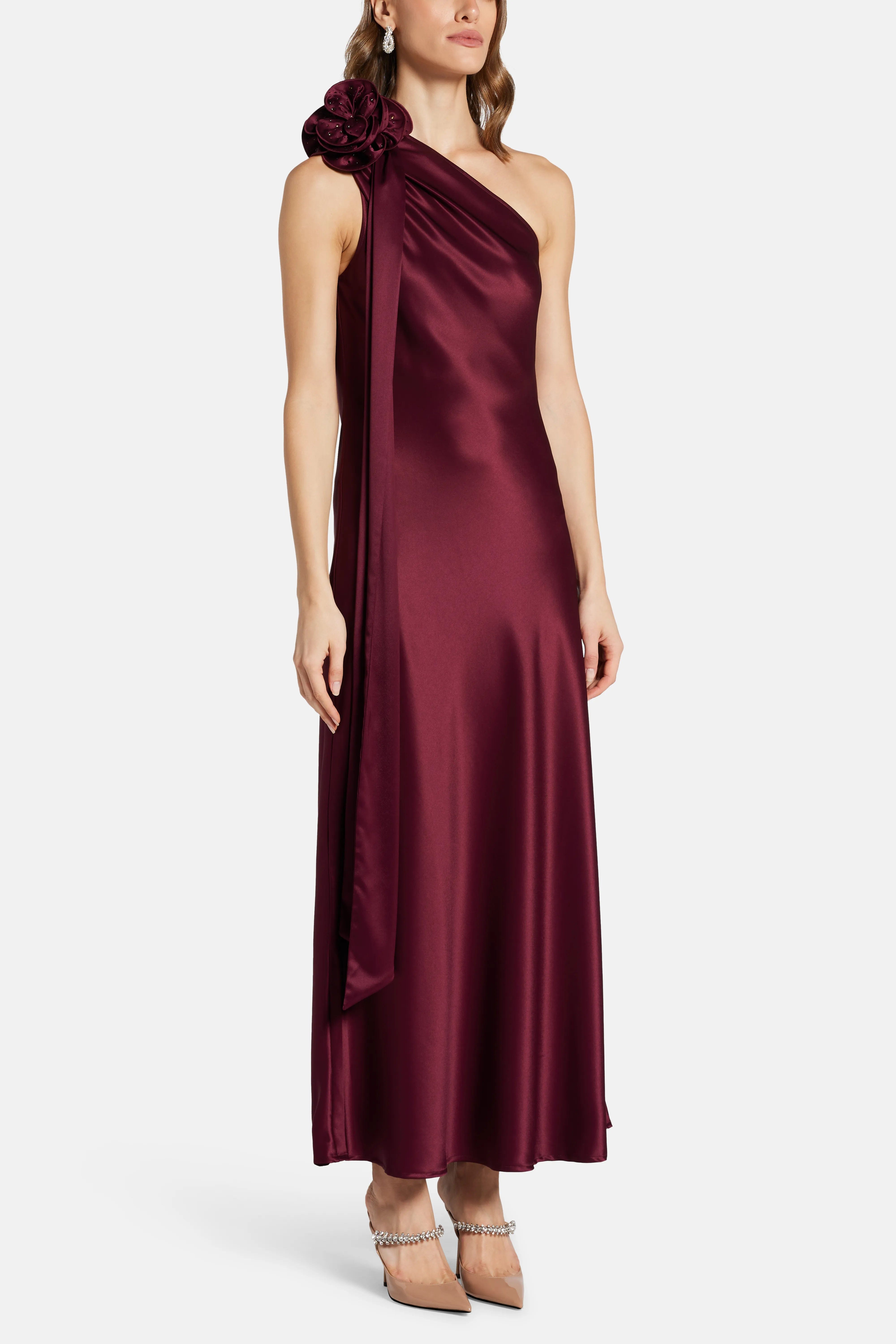 Vasiliki Portia Dress With Corsage One Shoulder Maxi Dress in Burgundy