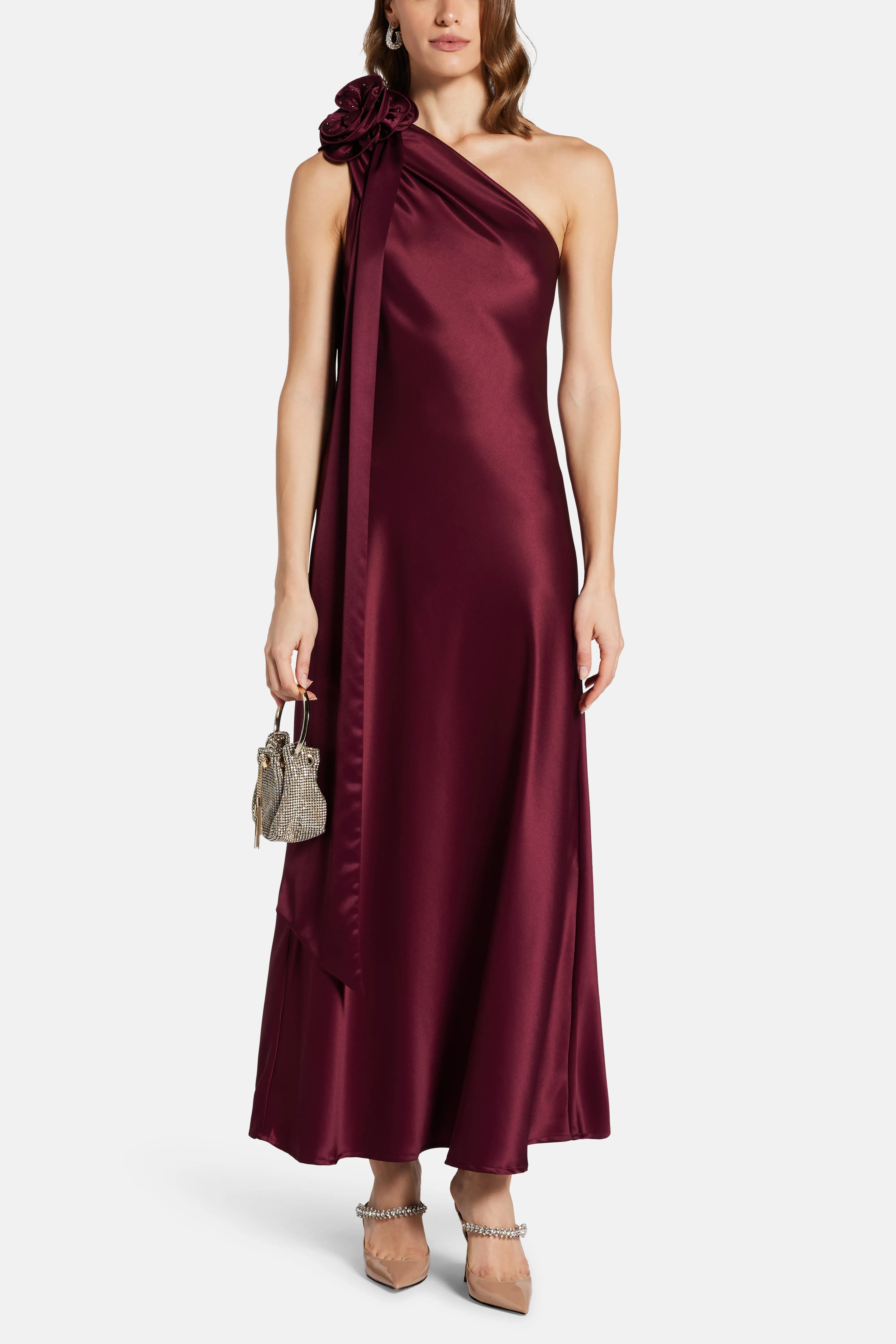 Vasiliki Portia Dress With Corsage One Shoulder Maxi Dress in Burgundy