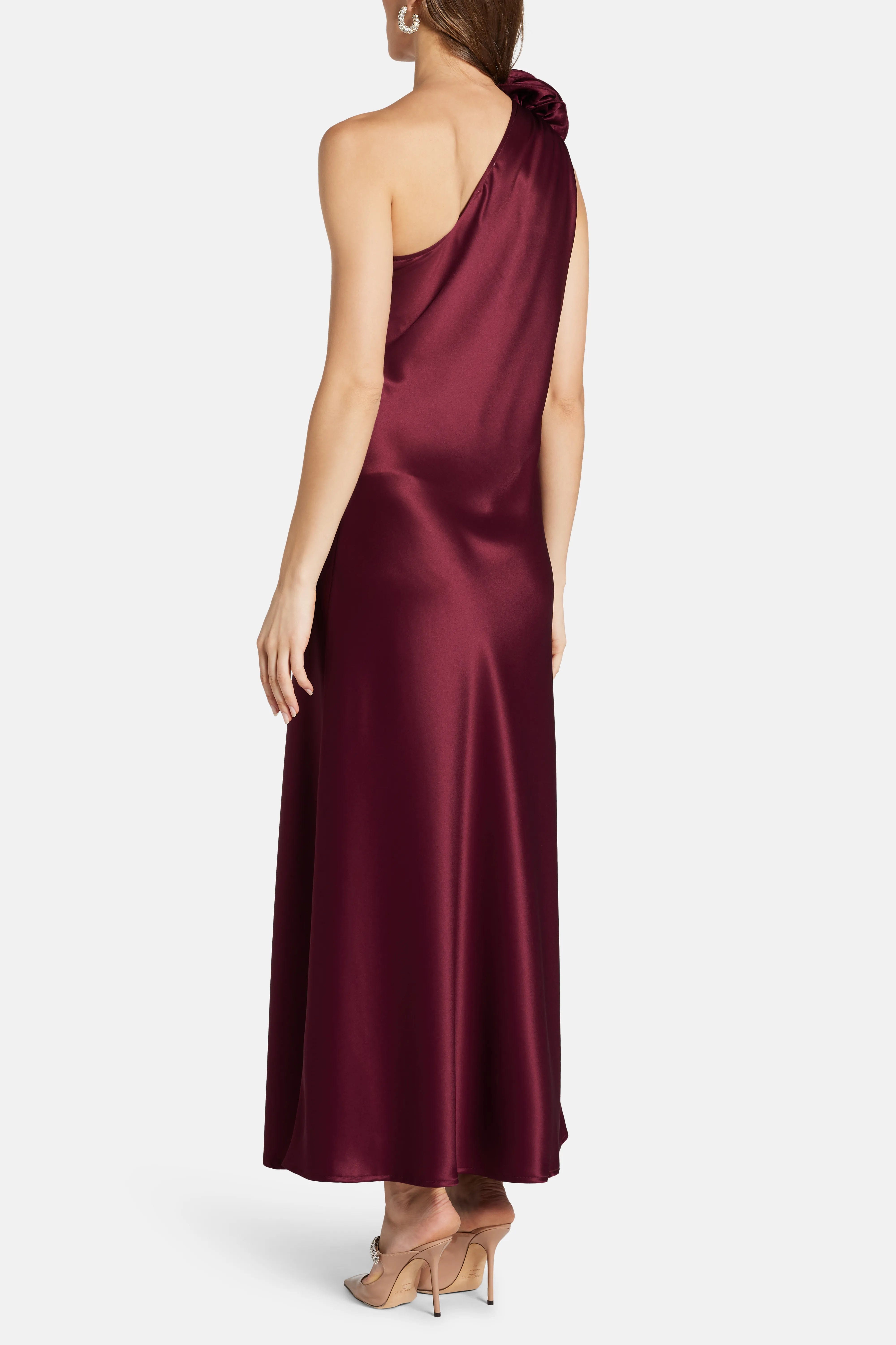 Vasiliki Portia Dress With Corsage One Shoulder Maxi Dress in Burgundy