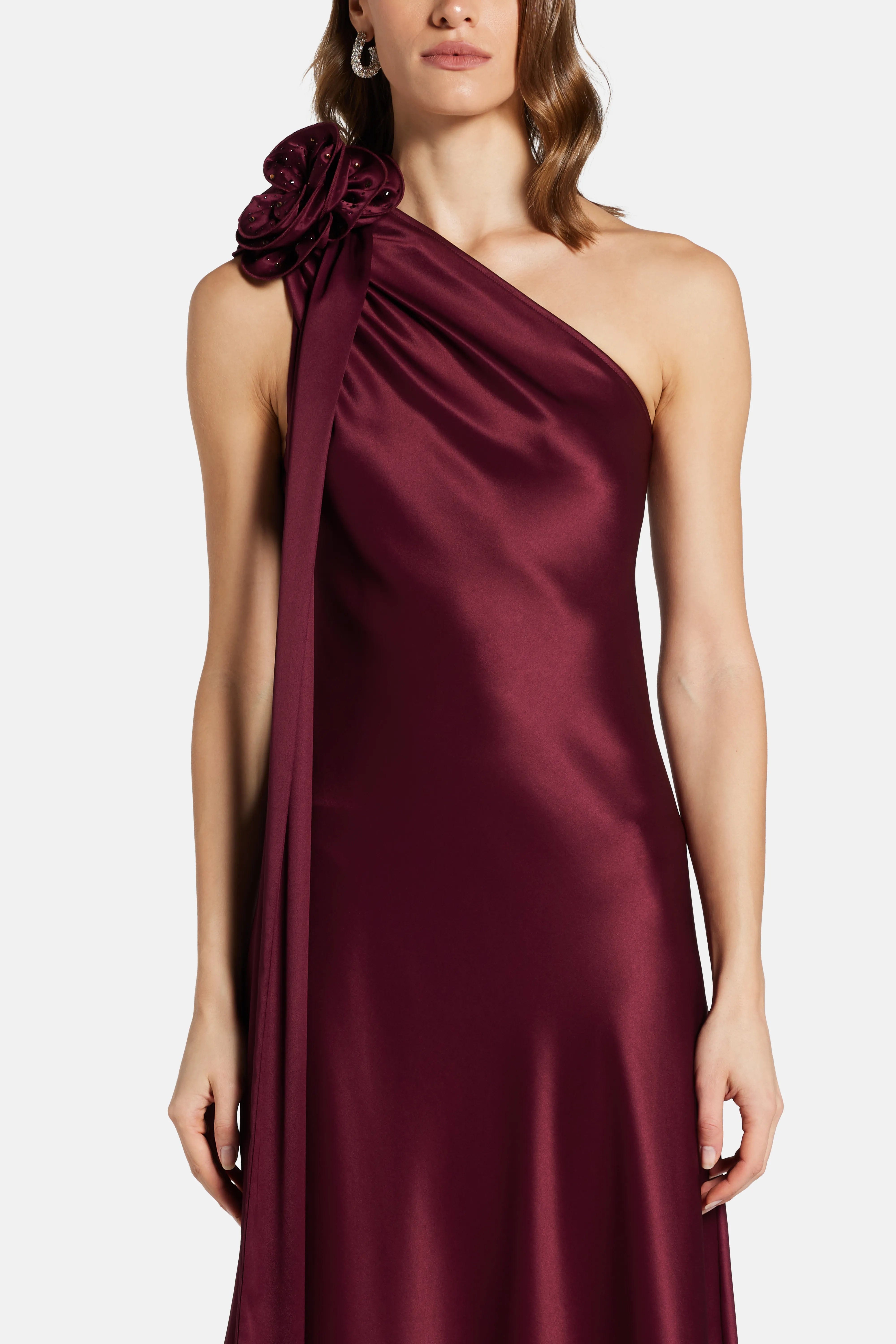 Vasiliki Portia Dress With Corsage One Shoulder Maxi Dress in Burgundy