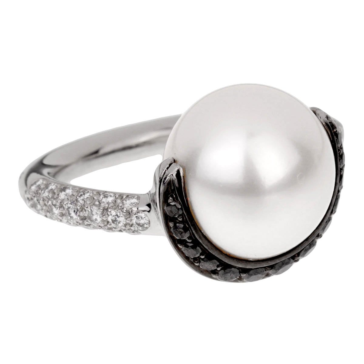 Chanel Vintage Black Diamond Pearl Platinum Cocktail Ring Sz 6