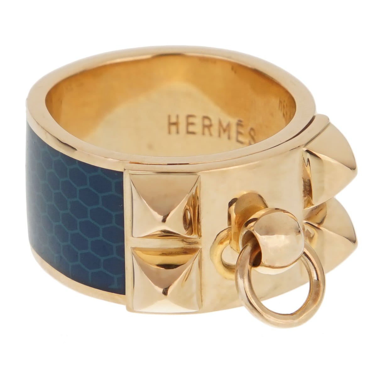 Hermes Collier De Chien 18k Yellow Gold Blue Enamel Ring Sz 5