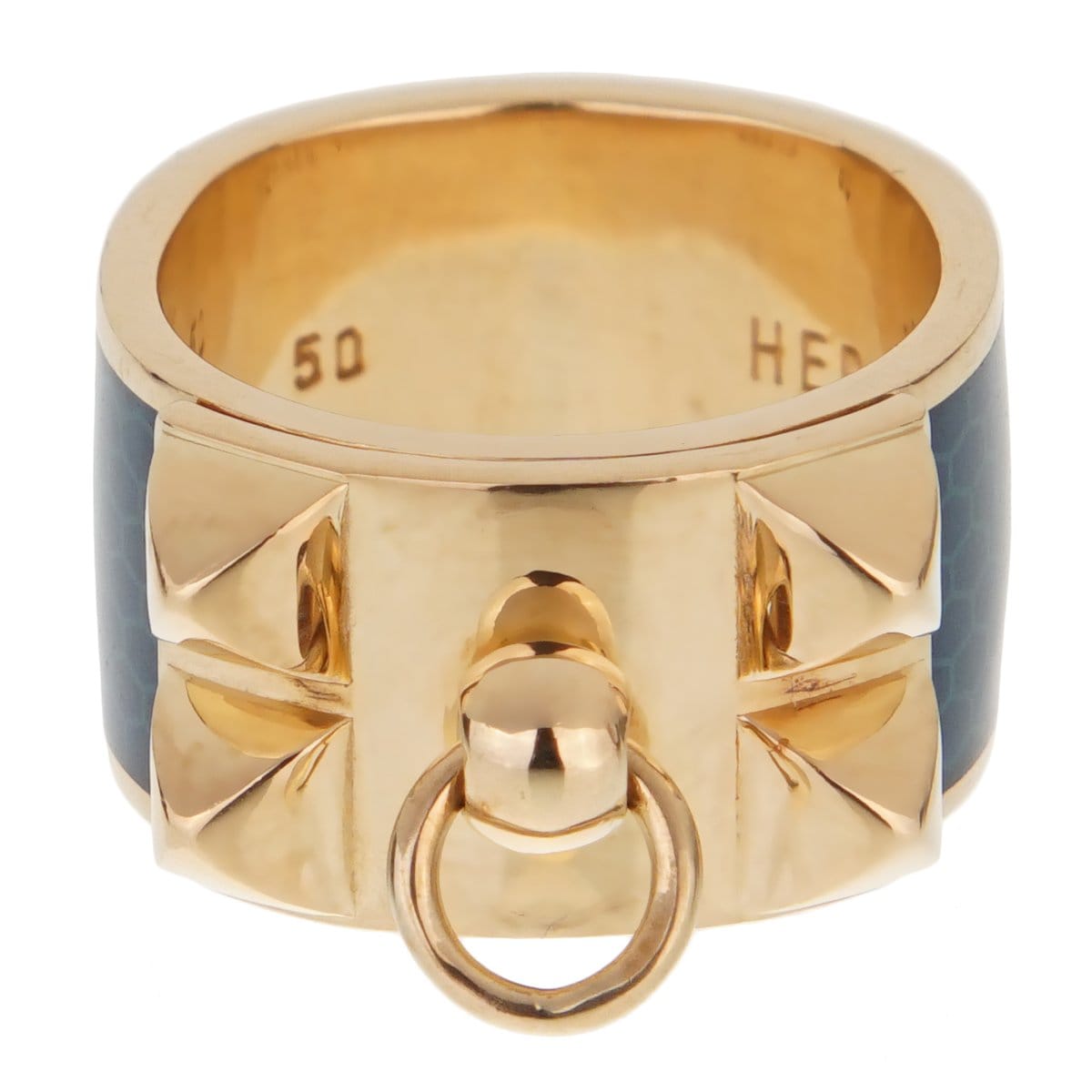 Hermes Collier De Chien 18k Yellow Gold Blue Enamel Ring Sz 5