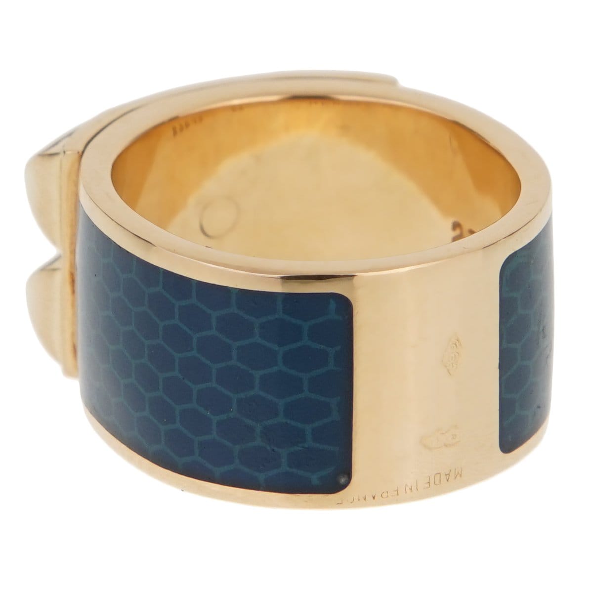 Hermes Collier De Chien 18k Yellow Gold Blue Enamel Ring Sz 5
