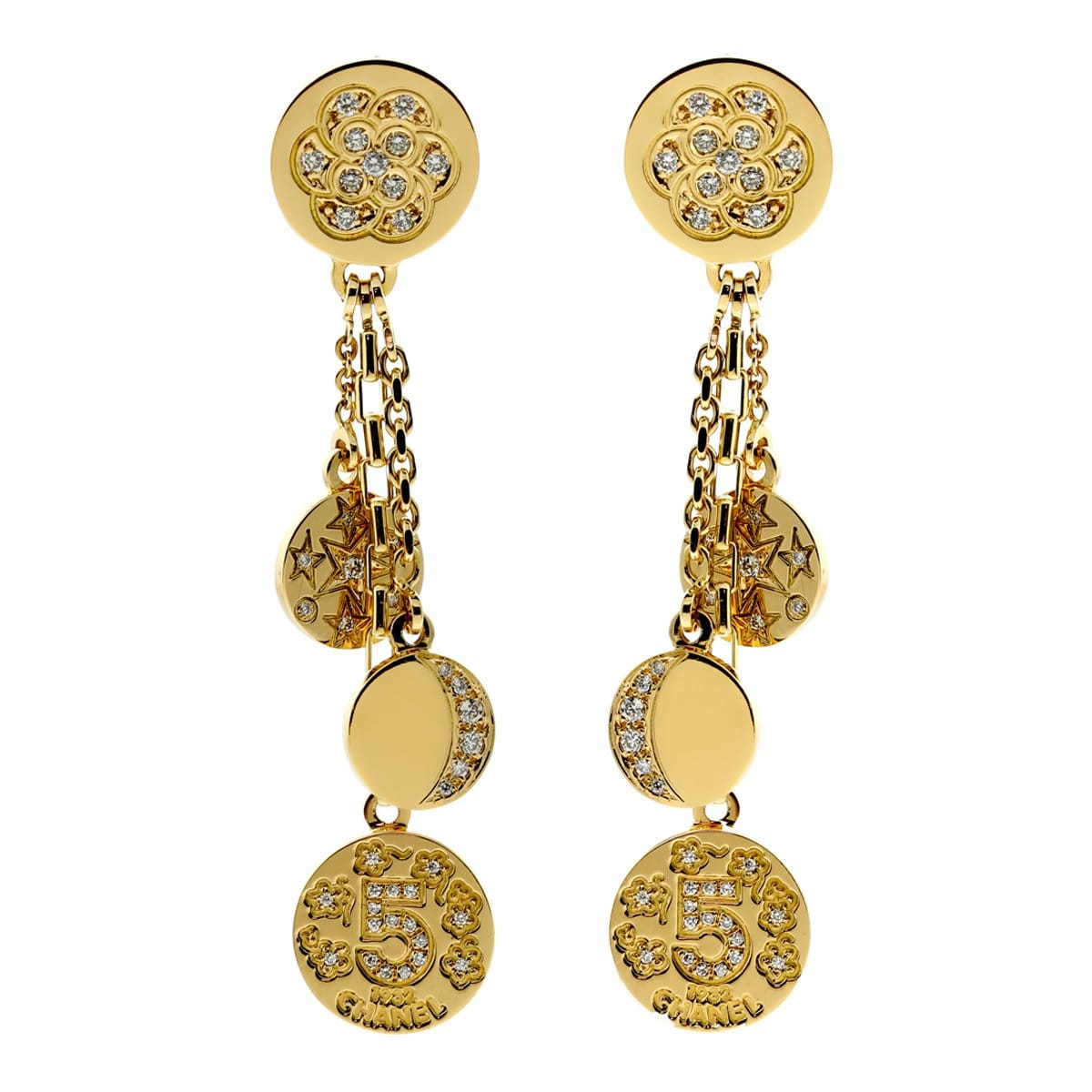 Chanel Camelia Vintage Charm Diamond 18k Yellow Gold Drop Earrings