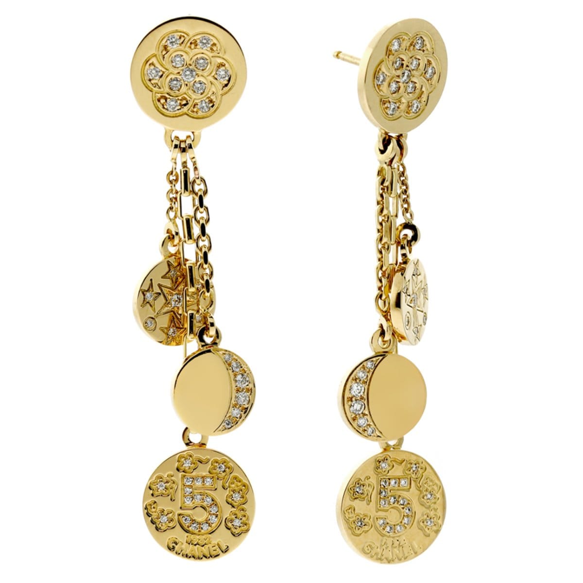 Chanel Camelia Vintage Charm Diamond 18k Yellow Gold Drop Earrings
